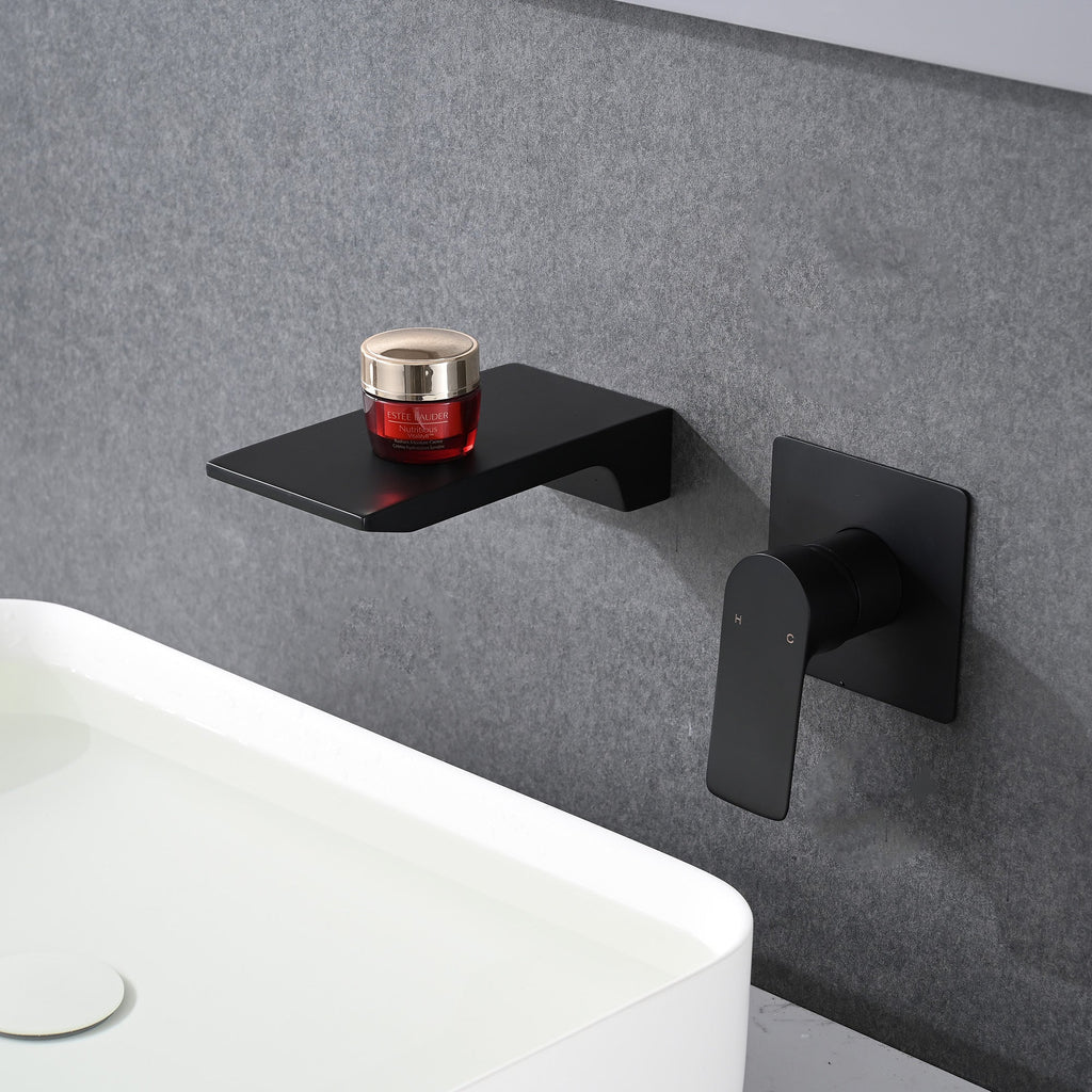 Modern Matte Black Wall Mount Bathroom Sink Faucet with Waterfall Spout and Brass Rough-in Valve