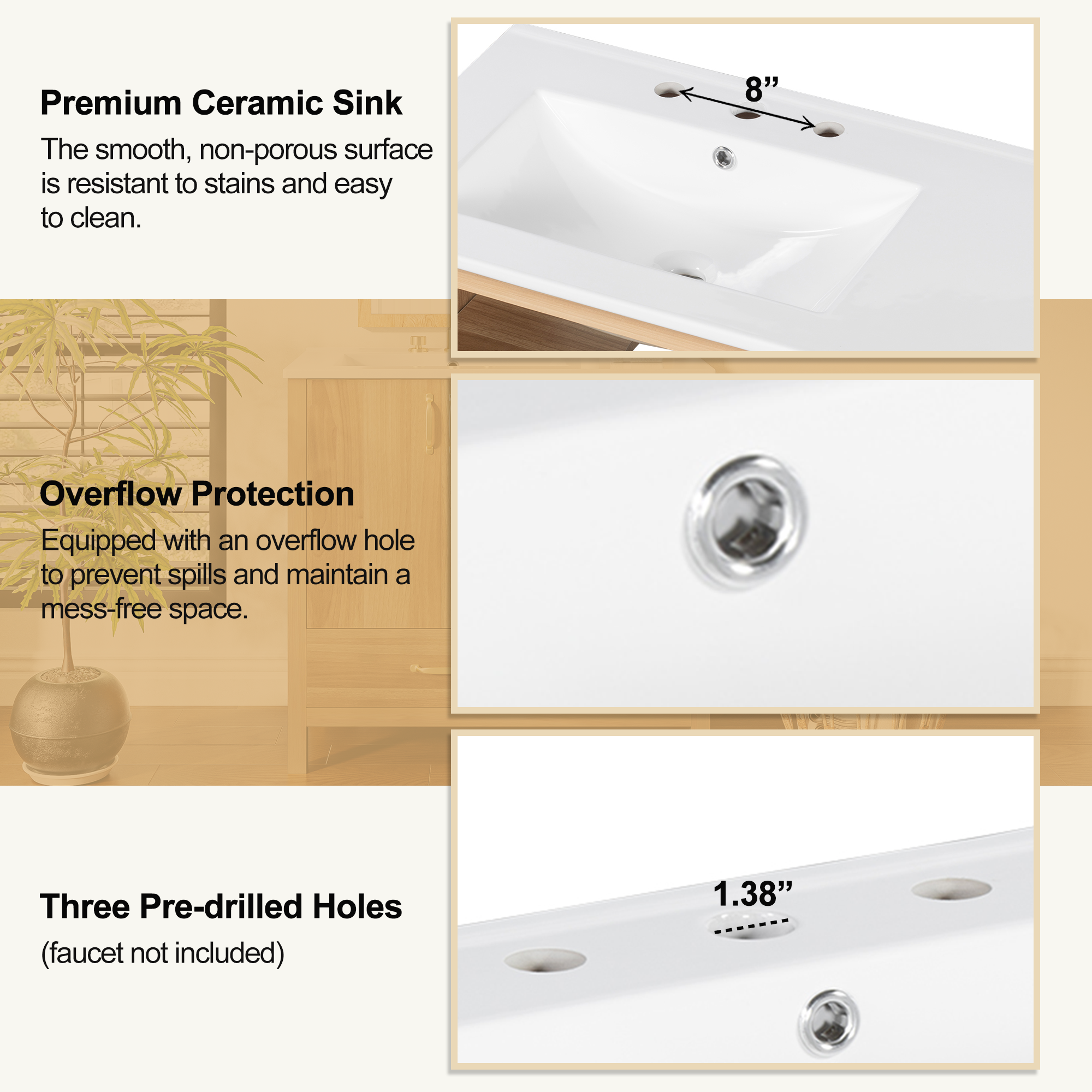 36" Acacia Wood Bathroom Vanity with Sink – Solid Wood Frame, 2 Soft-Close Doors, 4 Soft-Close Drawers & Ceramic Basin