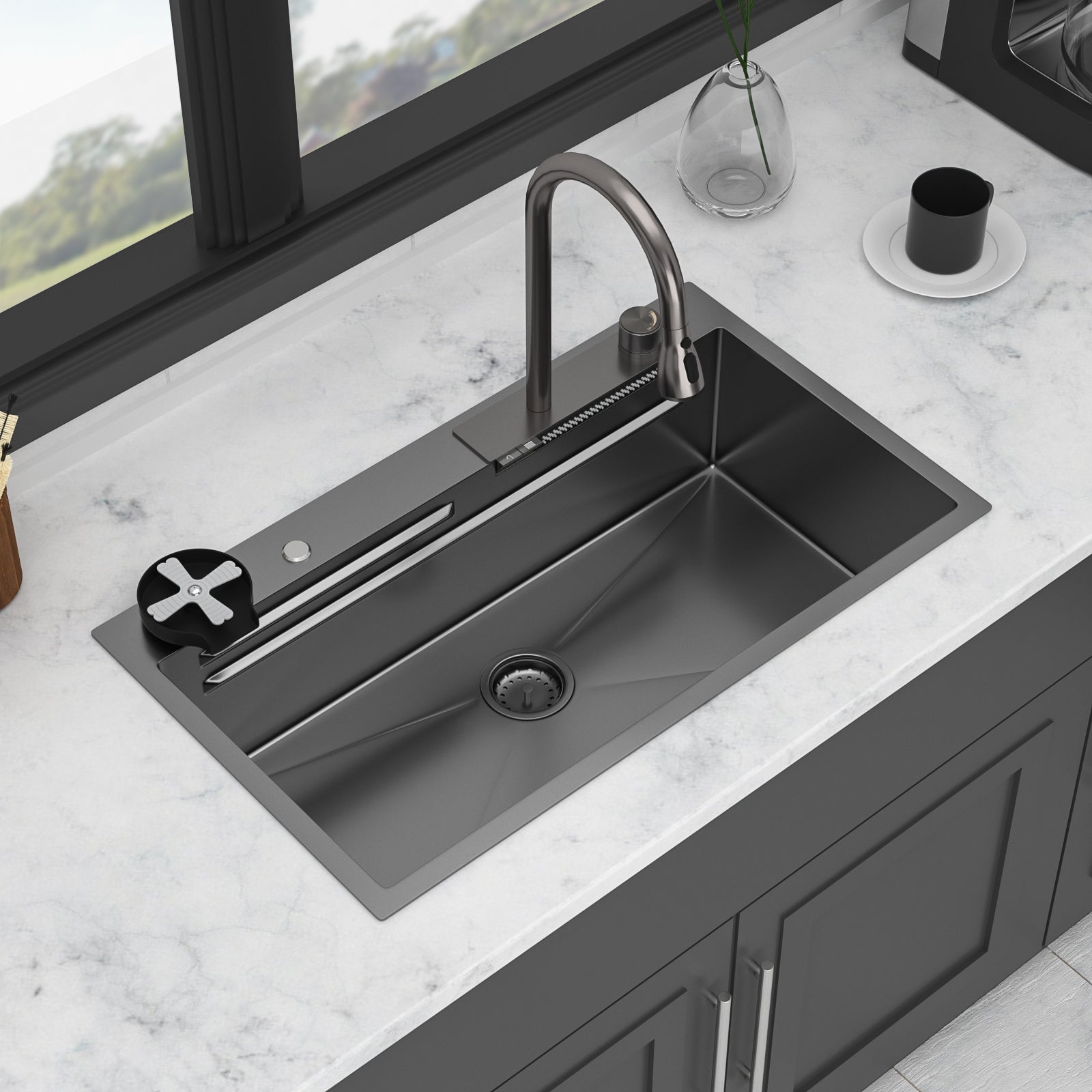 33" Gunmetal Black Kitchen Sink – 16G T304 Stainless Steel | Waterfall Faucet, Workstation Ledge, Top Mount