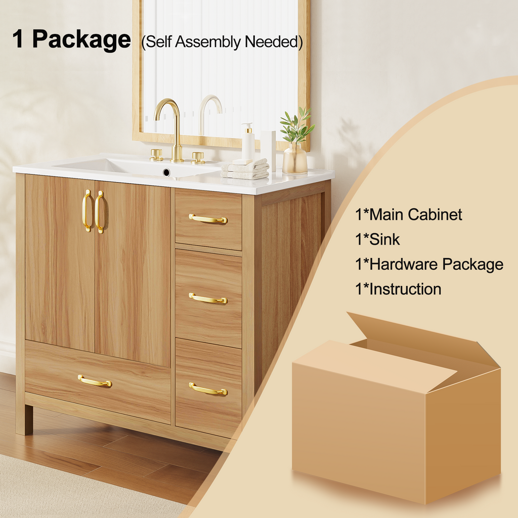 36" Acacia Wood Bathroom Vanity with Sink – Solid Wood Frame, 2 Soft-Close Doors, 4 Soft-Close Drawers & Ceramic Basin