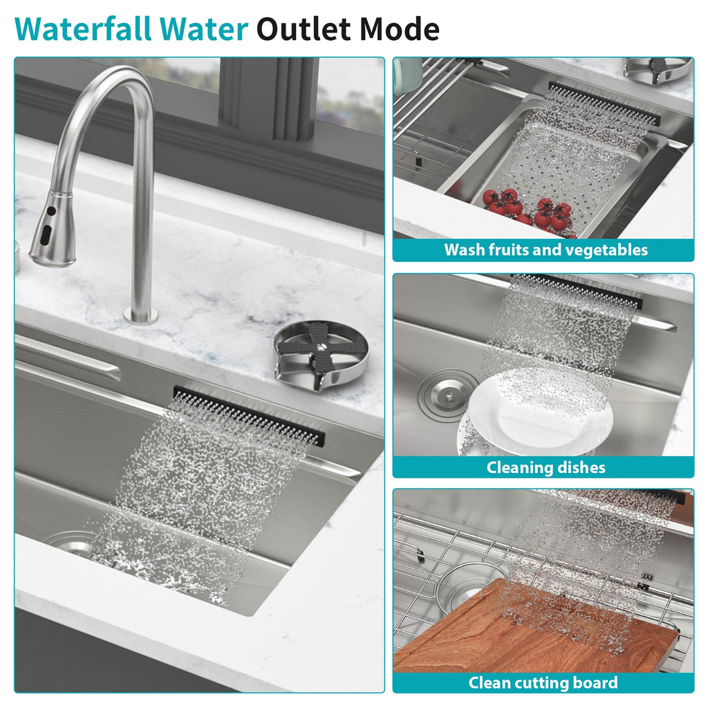 33" Undermount Waterfall Kitchen Sink – Brushed Nickel | 16G T304 Stainless Steel | Single Bowl with Pull-Down Faucet & Workstation Ledge