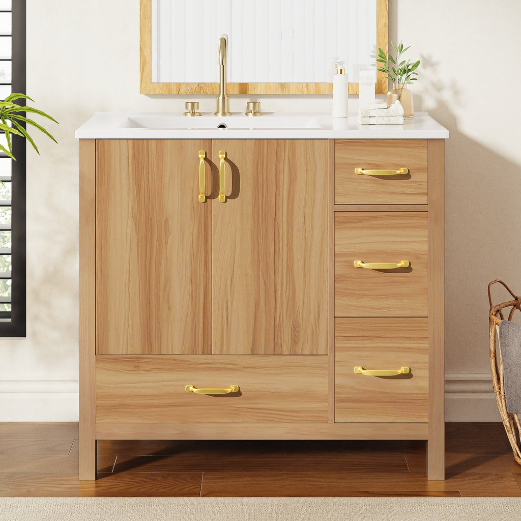 36" Acacia Wood Bathroom Vanity with Sink – Solid Wood Frame, 2 Soft-Close Doors, 4 Soft-Close Drawers & Ceramic Basin