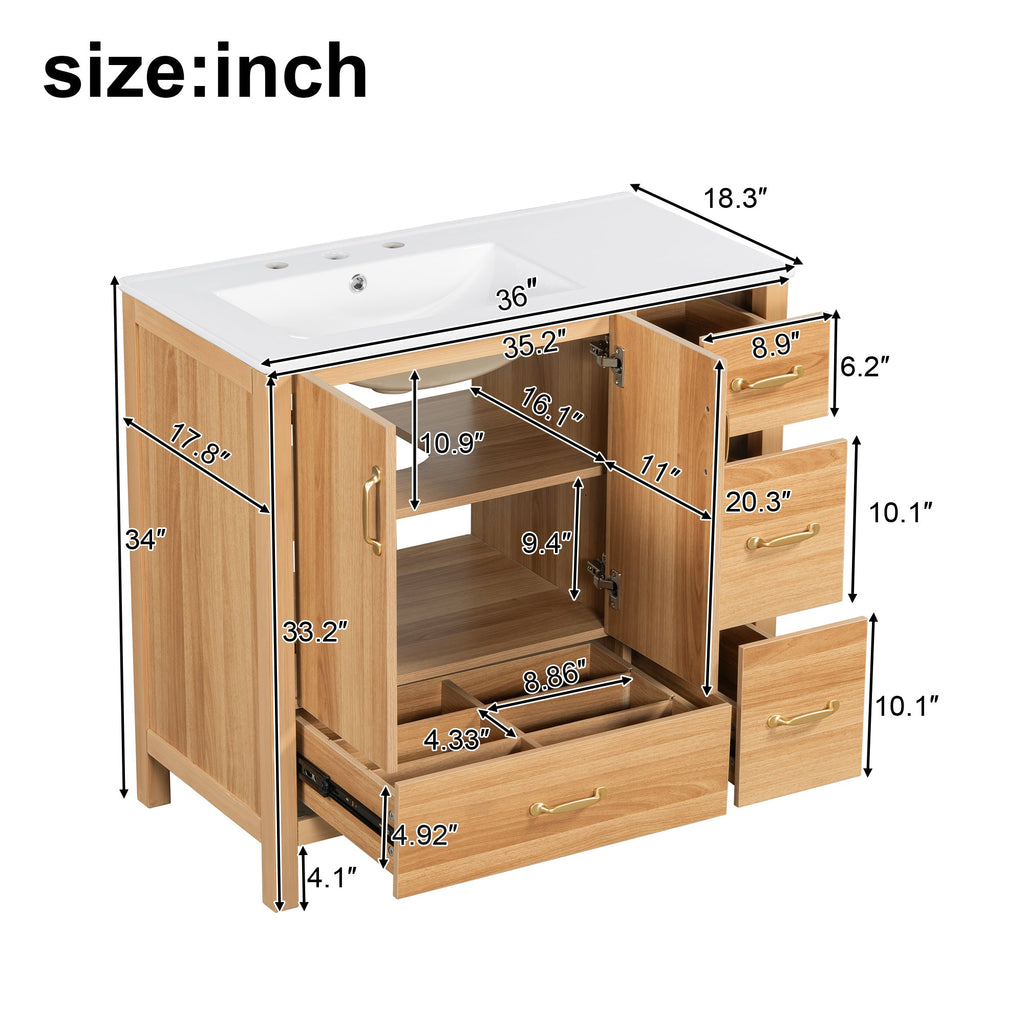 36" Acacia Wood Bathroom Vanity with Sink – Solid Wood Frame, 2 Soft-Close Doors, 4 Soft-Close Drawers & Ceramic Basin