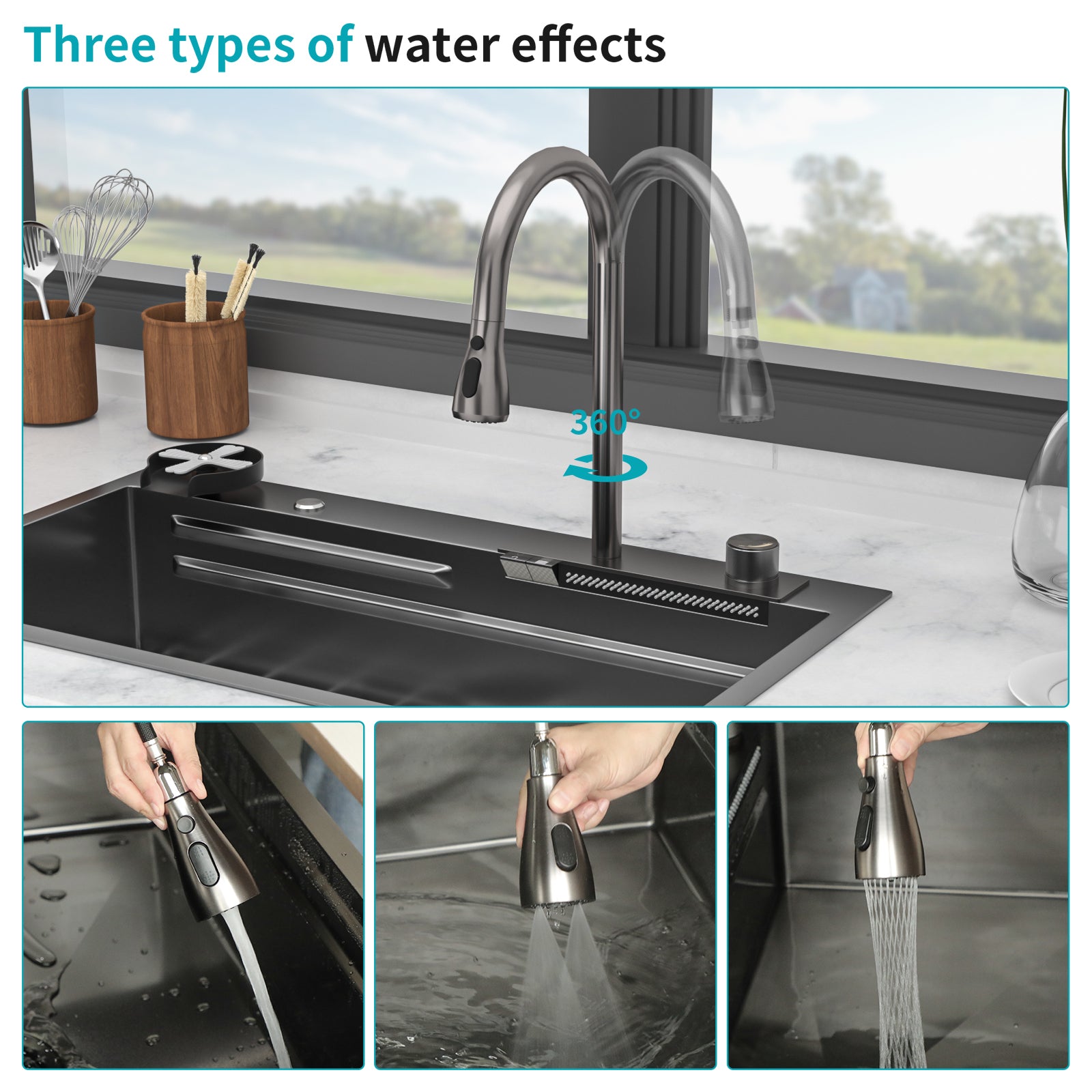 33" Gunmetal Black Kitchen Sink – 16G T304 Stainless Steel | Waterfall Faucet, Workstation Ledge, Top Mount
