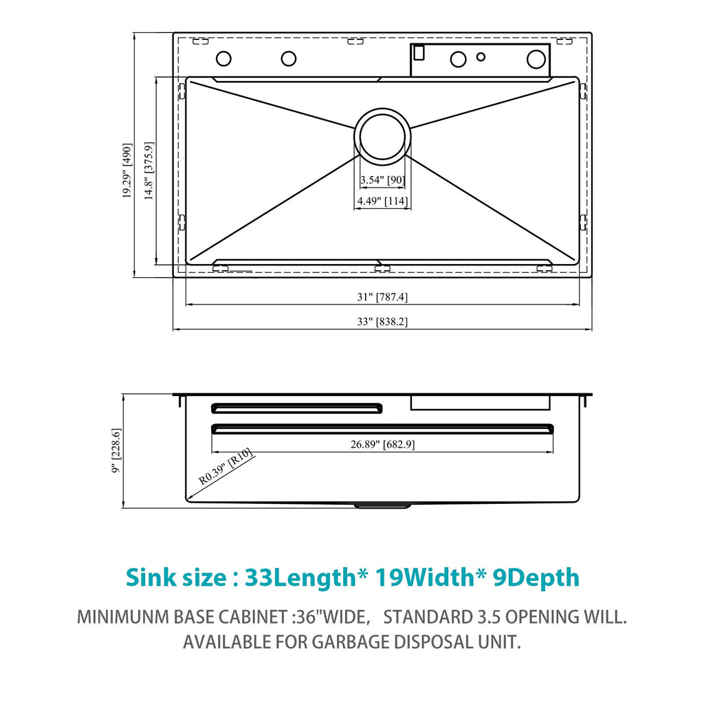 33" Gunmetal Black Kitchen Sink – 16G T304 Stainless Steel | Waterfall Faucet, Workstation Ledge, Top Mount
