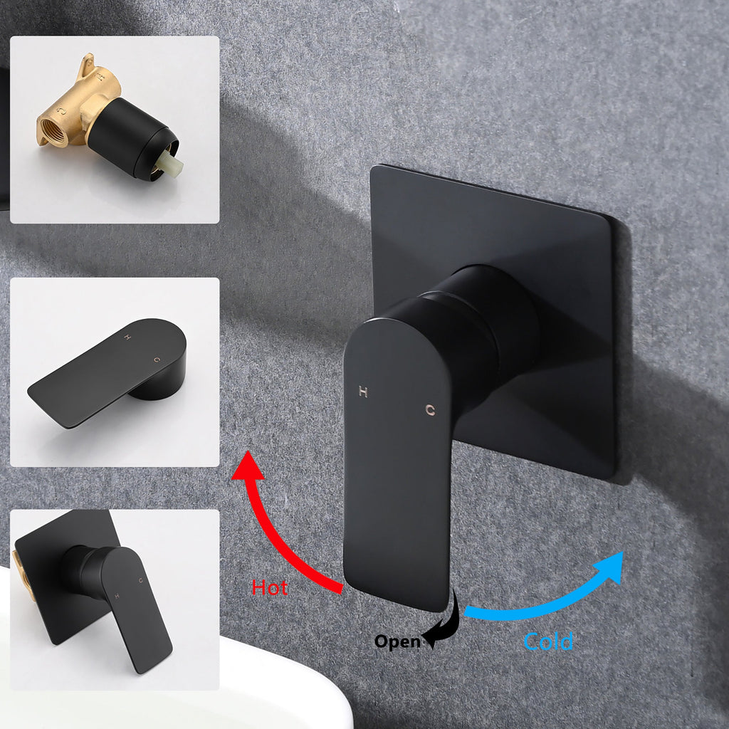 Modern Matte Black Wall Mount Bathroom Sink Faucet with Waterfall Spout and Brass Rough-in Valve