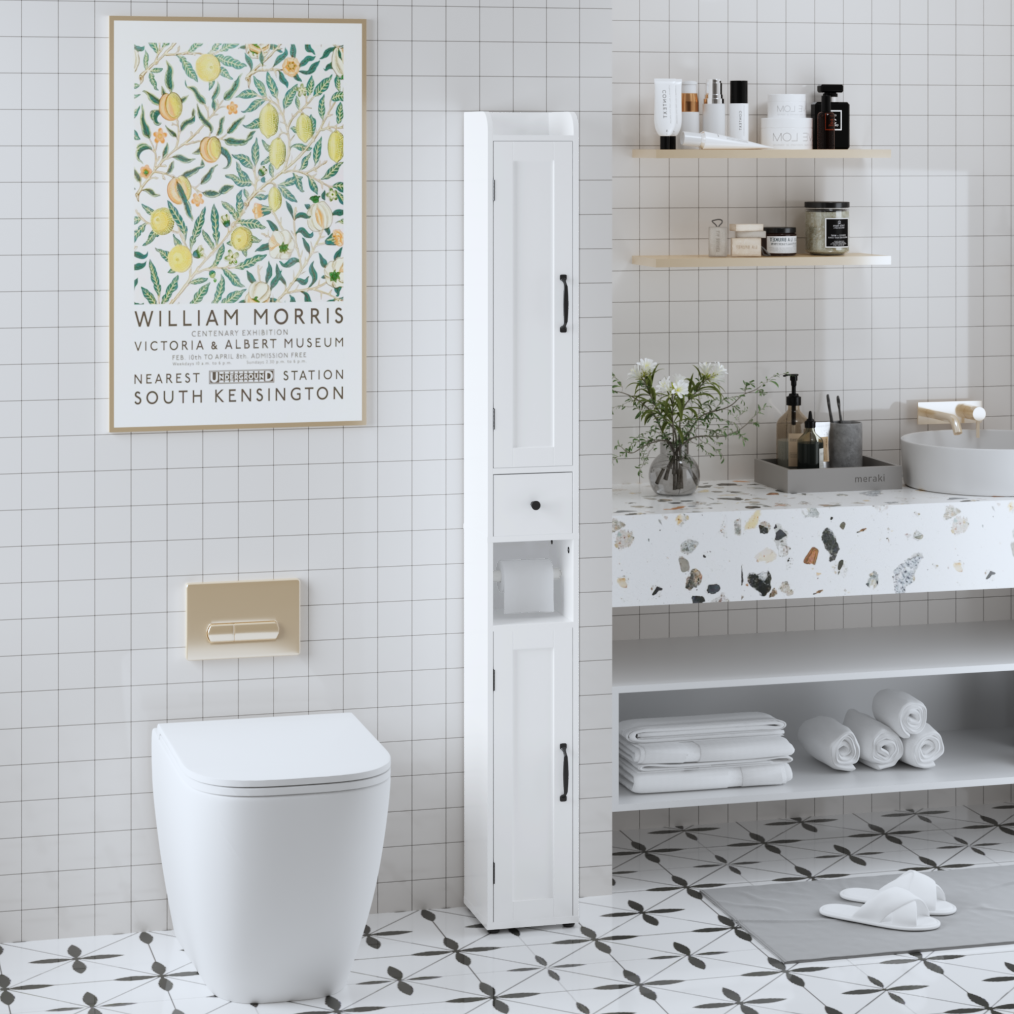White Slim Tall Bathroom Storage Cabinet with Adjustable Shelves, 2 Doors Freestanding Cabinet for Small Spaces, Kitchen, Living Room, MDF Material, 67.51 inches High