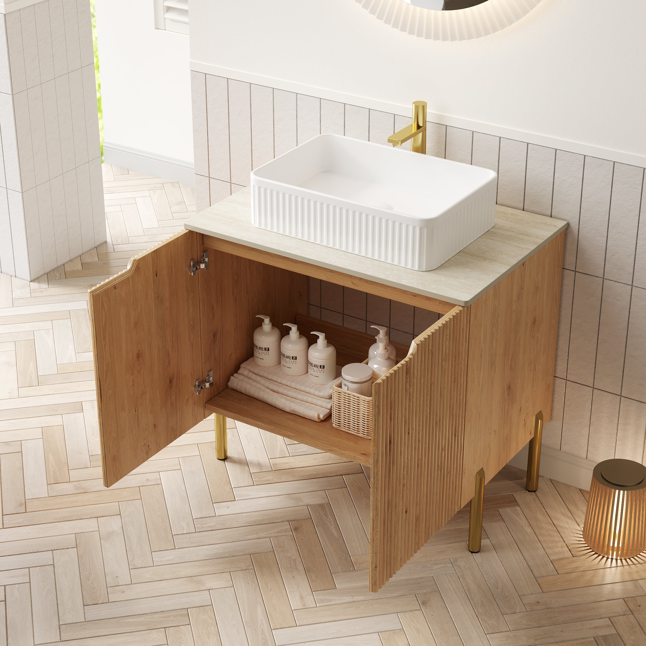 30" Freestanding Bathroom Vanity with Sink – Plywood Cabinet, Roma Travertine Sintered Stone Countertop & Ceramic Basin, Woodgrain