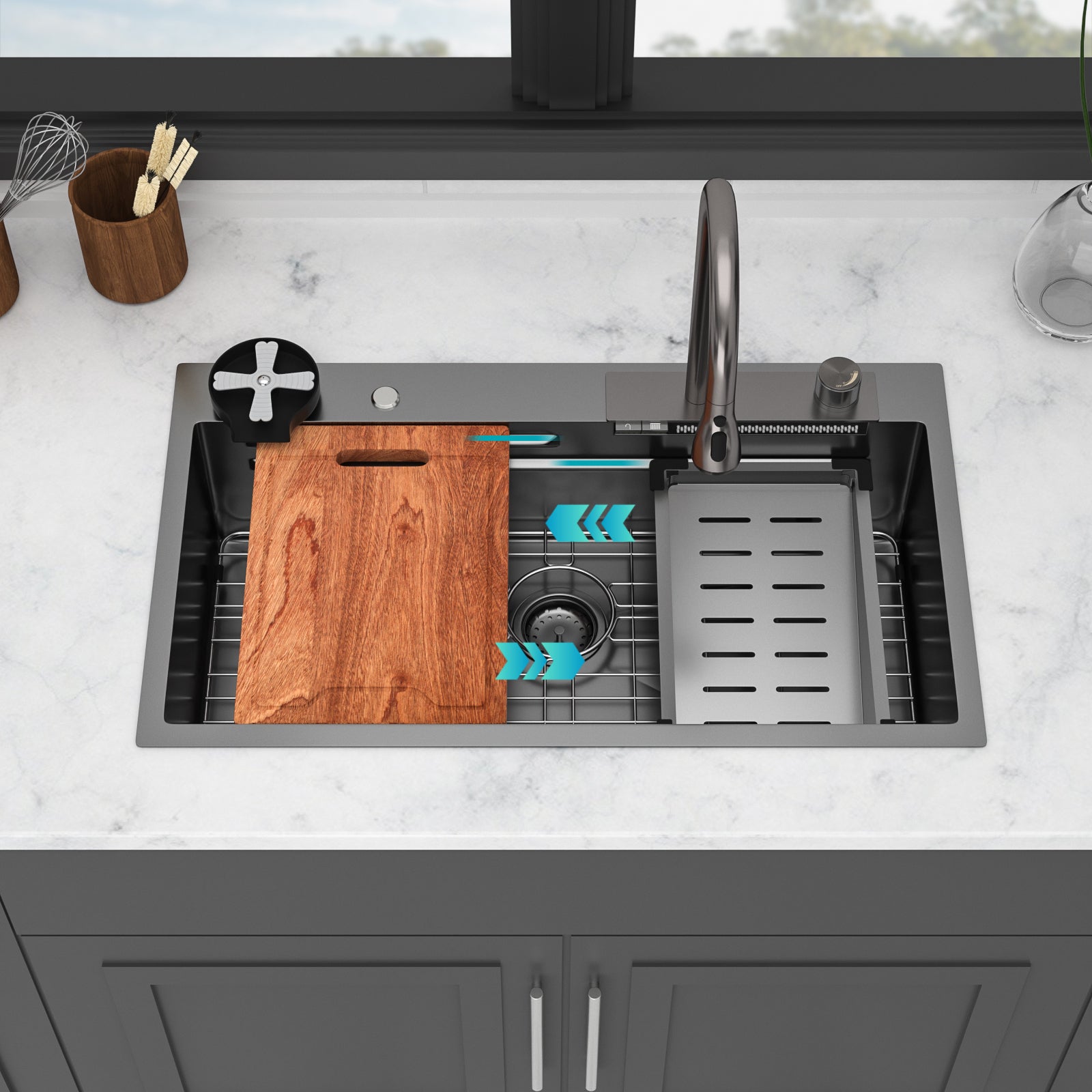 33" Gunmetal Black Kitchen Sink – 16G T304 Stainless Steel | Waterfall Faucet, Workstation Ledge, Top Mount