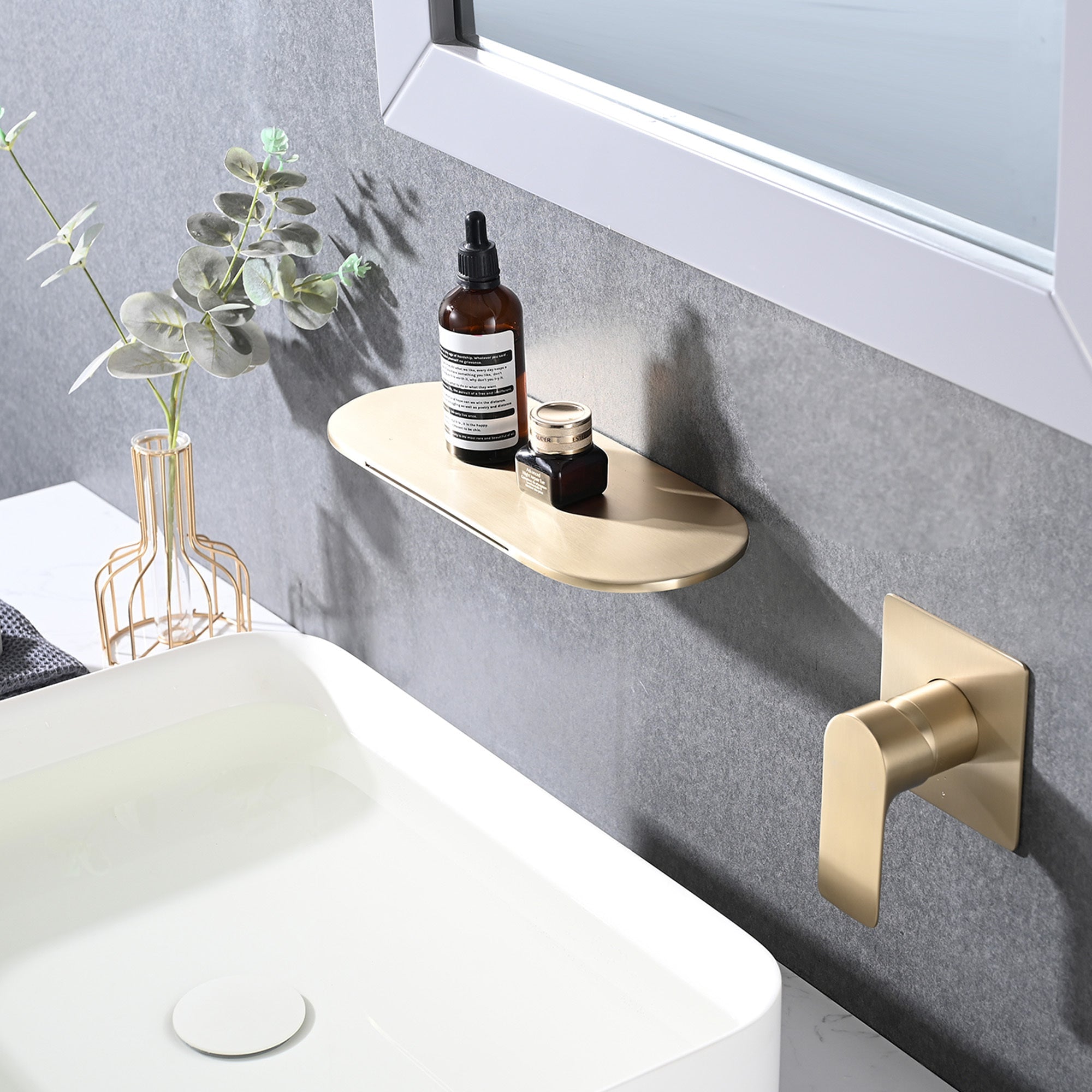 Modern Wall Mount Bathtub Faucet Brushed Gold Single Handle with Waterfall Tub Spout and Rough-in Valve