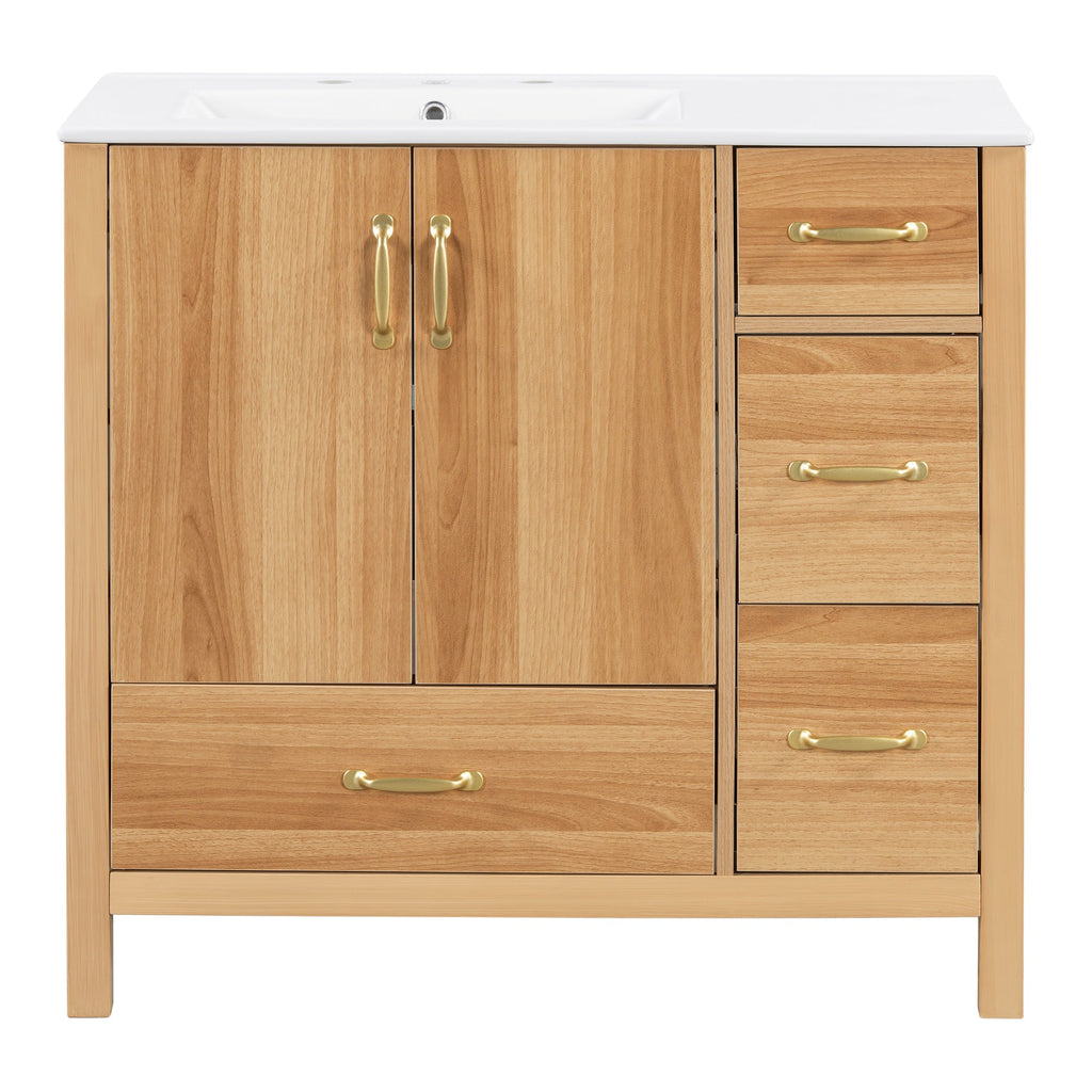 36" Acacia Wood Bathroom Vanity with Sink – Solid Wood Frame, 2 Soft-Close Doors, 4 Soft-Close Drawers & Ceramic Basin