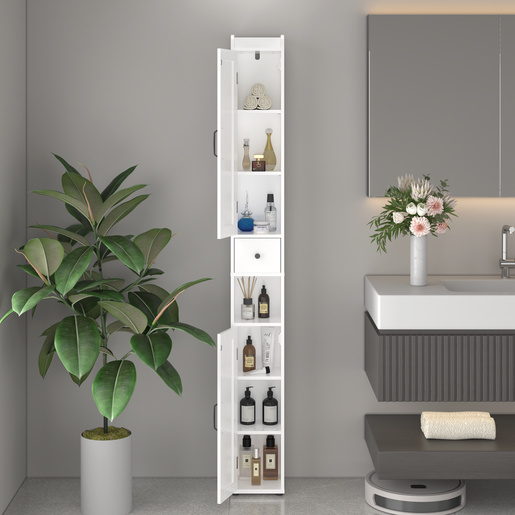 White Slim Tall Bathroom Storage Cabinet with Adjustable Shelves, 2 Doors Freestanding Cabinet for Small Spaces, Kitchen, Living Room, MDF Material, 67.51 inches High