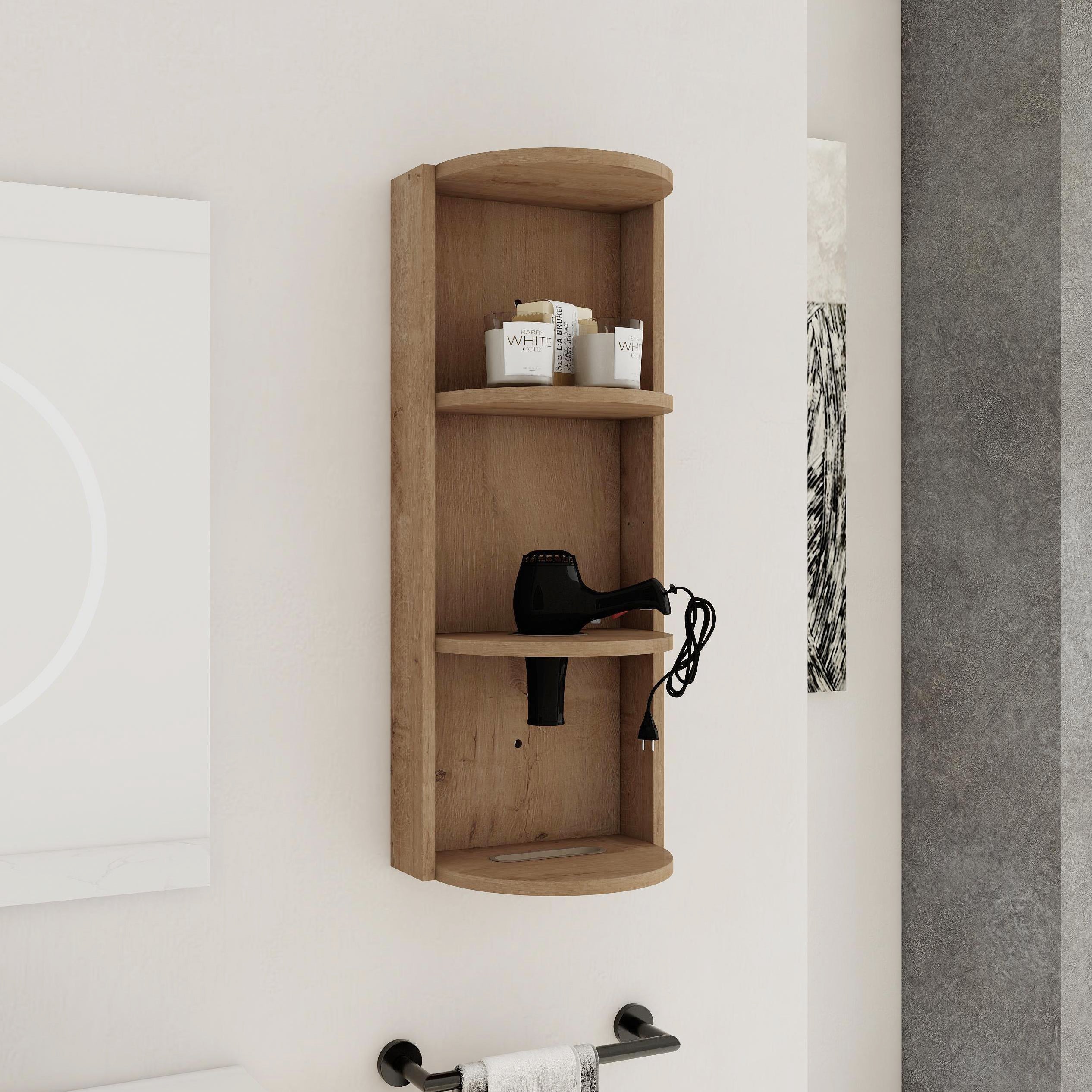Modern Bathroom Wall-Mounted Storage Rack with Floating Design in Imitative Oak Plywood, 12 Inches