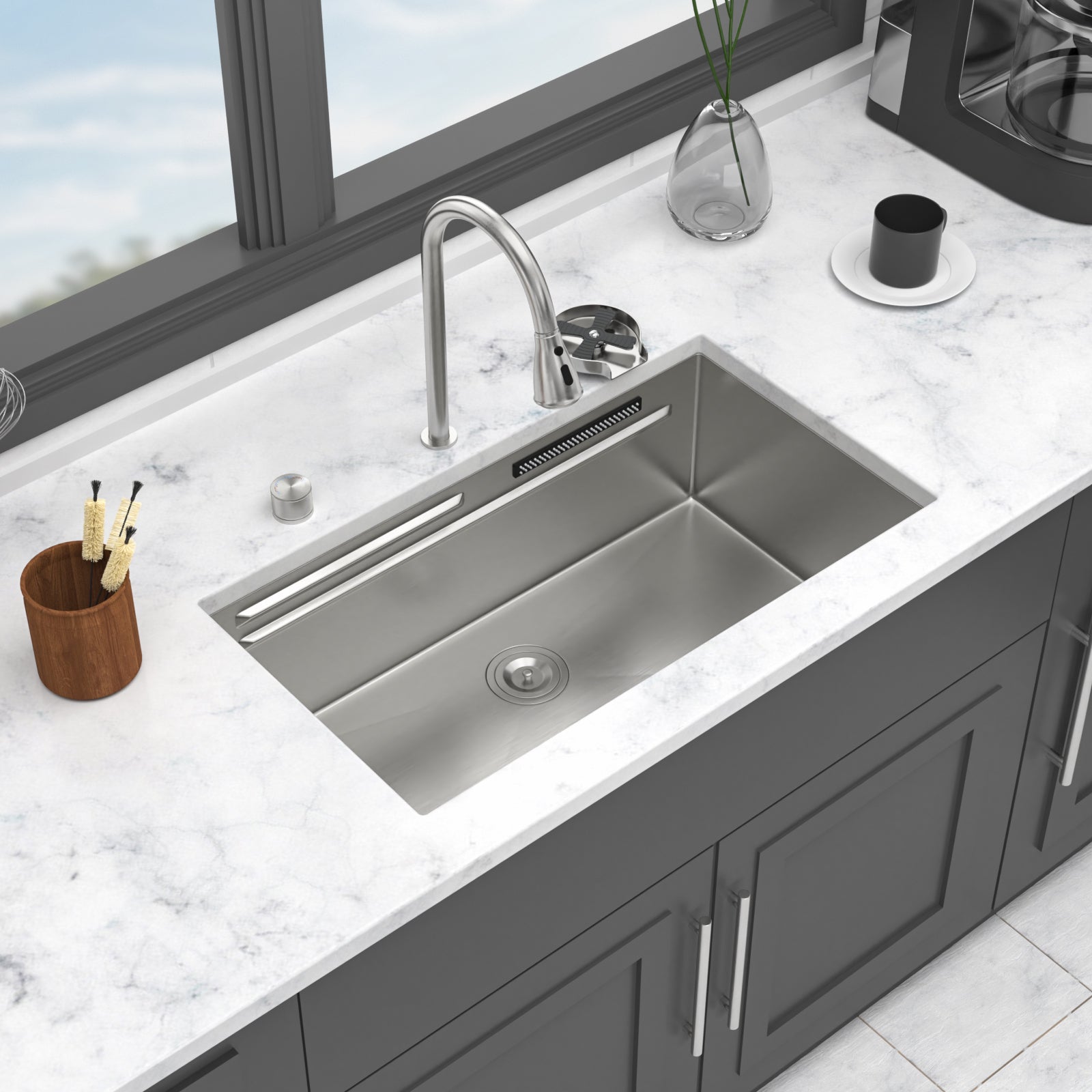 33" Undermount Waterfall Kitchen Sink – Brushed Nickel | 16G T304 Stainless Steel | Single Bowl with Pull-Down Faucet & Workstation Ledge