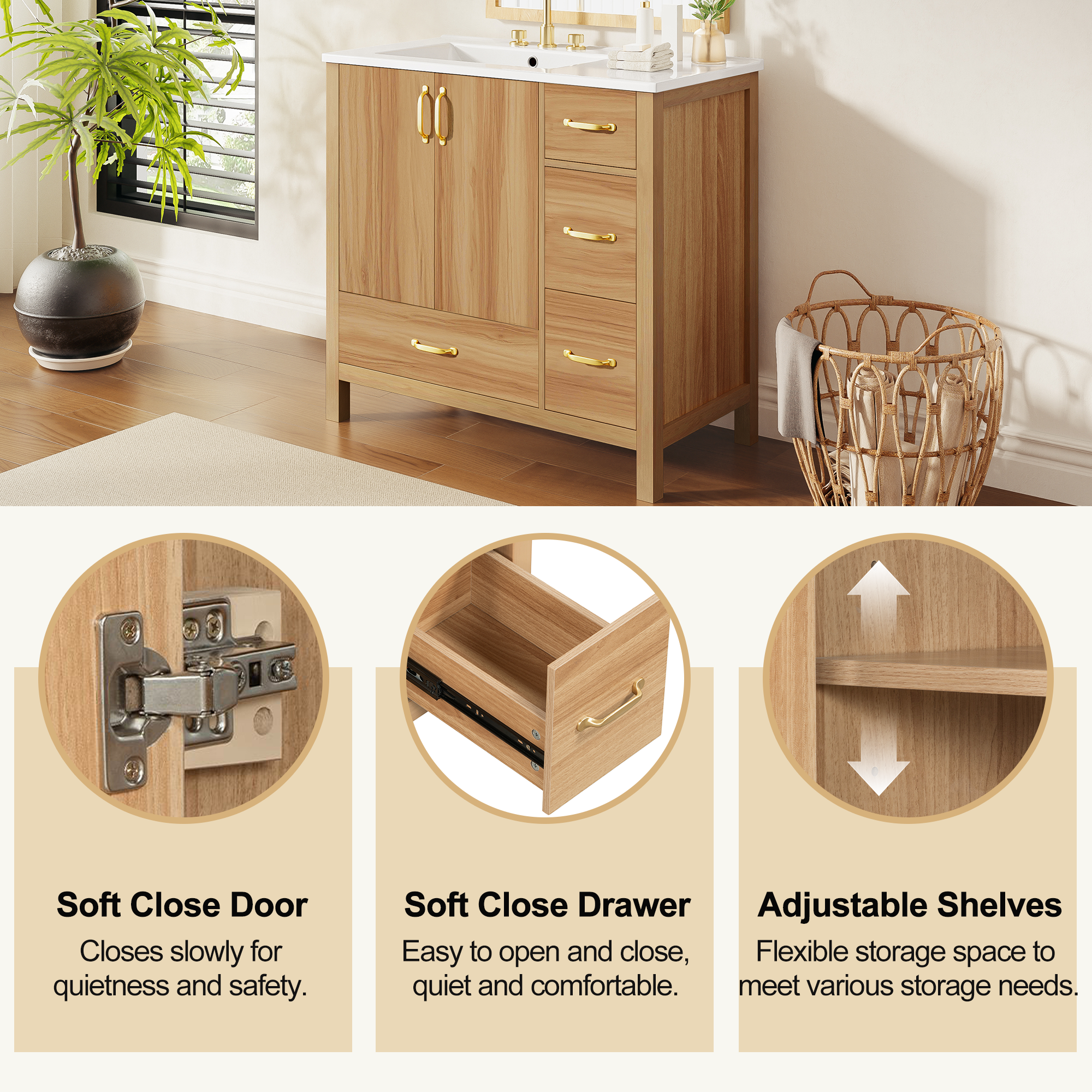 36" Acacia Wood Bathroom Vanity with Sink – Solid Wood Frame, 2 Soft-Close Doors, 4 Soft-Close Drawers & Ceramic Basin