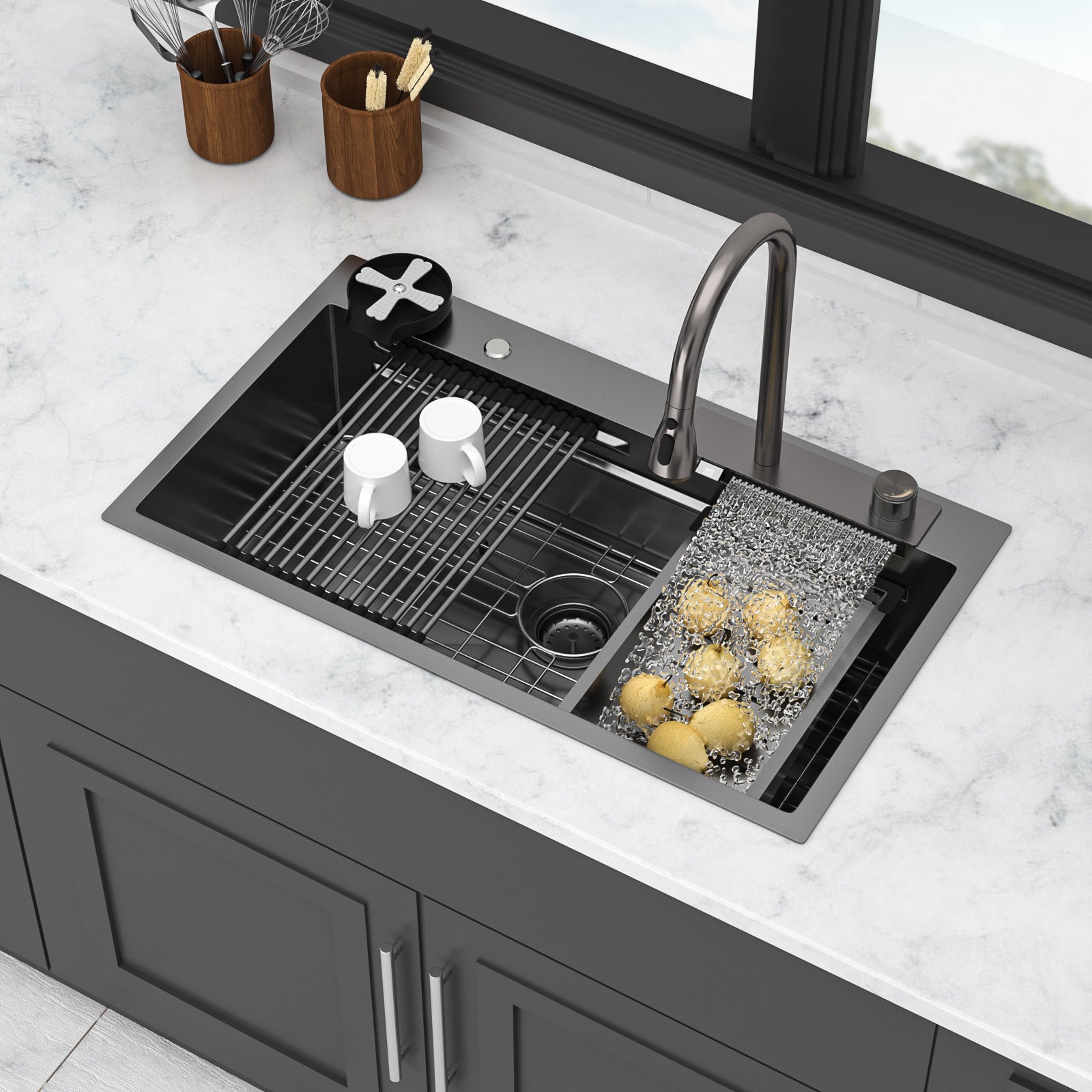 33" Gunmetal Black Kitchen Sink – 16G T304 Stainless Steel | Waterfall Faucet, Workstation Ledge, Top Mount
