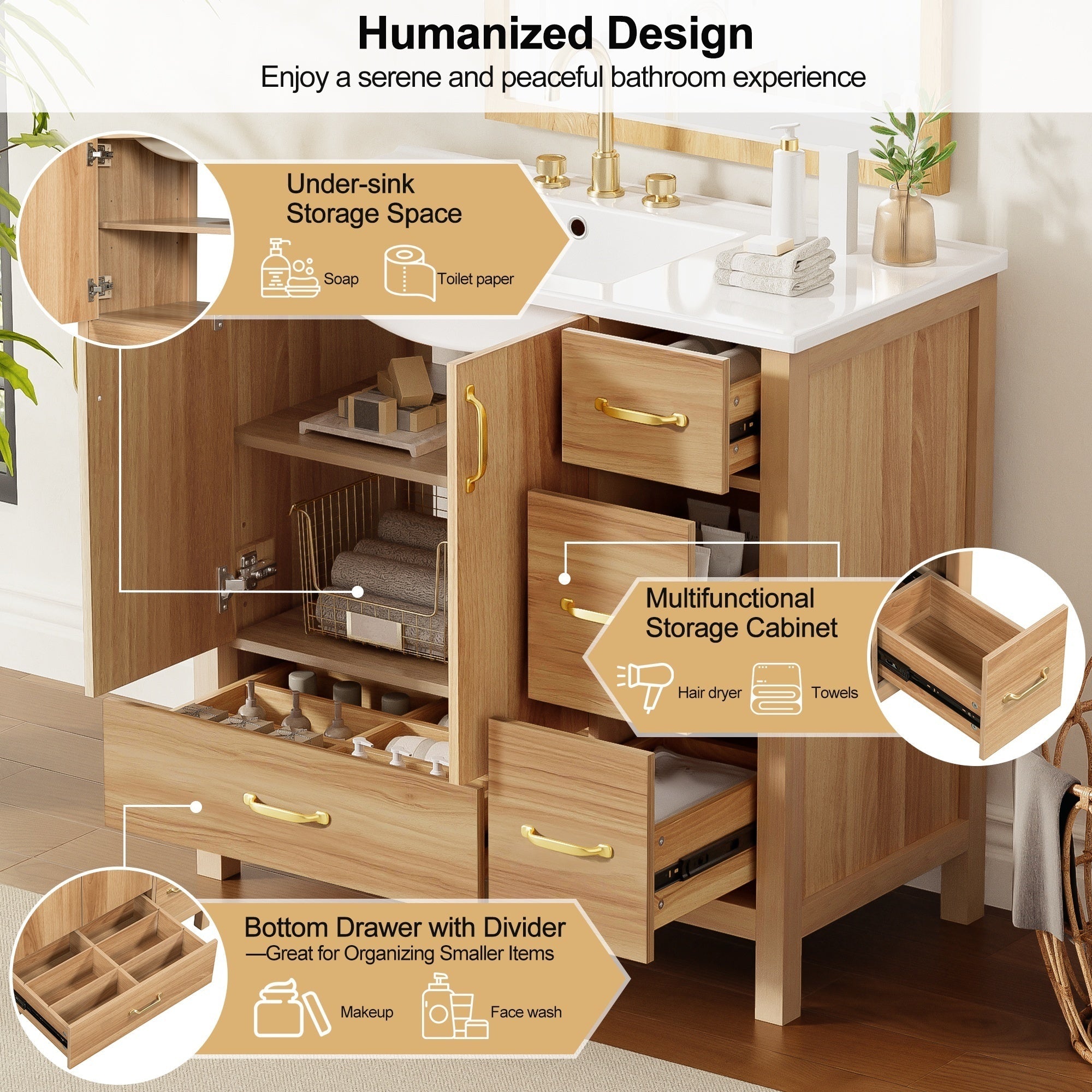 36" Acacia Wood Bathroom Vanity with Sink – Solid Wood Frame, 2 Soft-Close Doors, 4 Soft-Close Drawers & Ceramic Basin