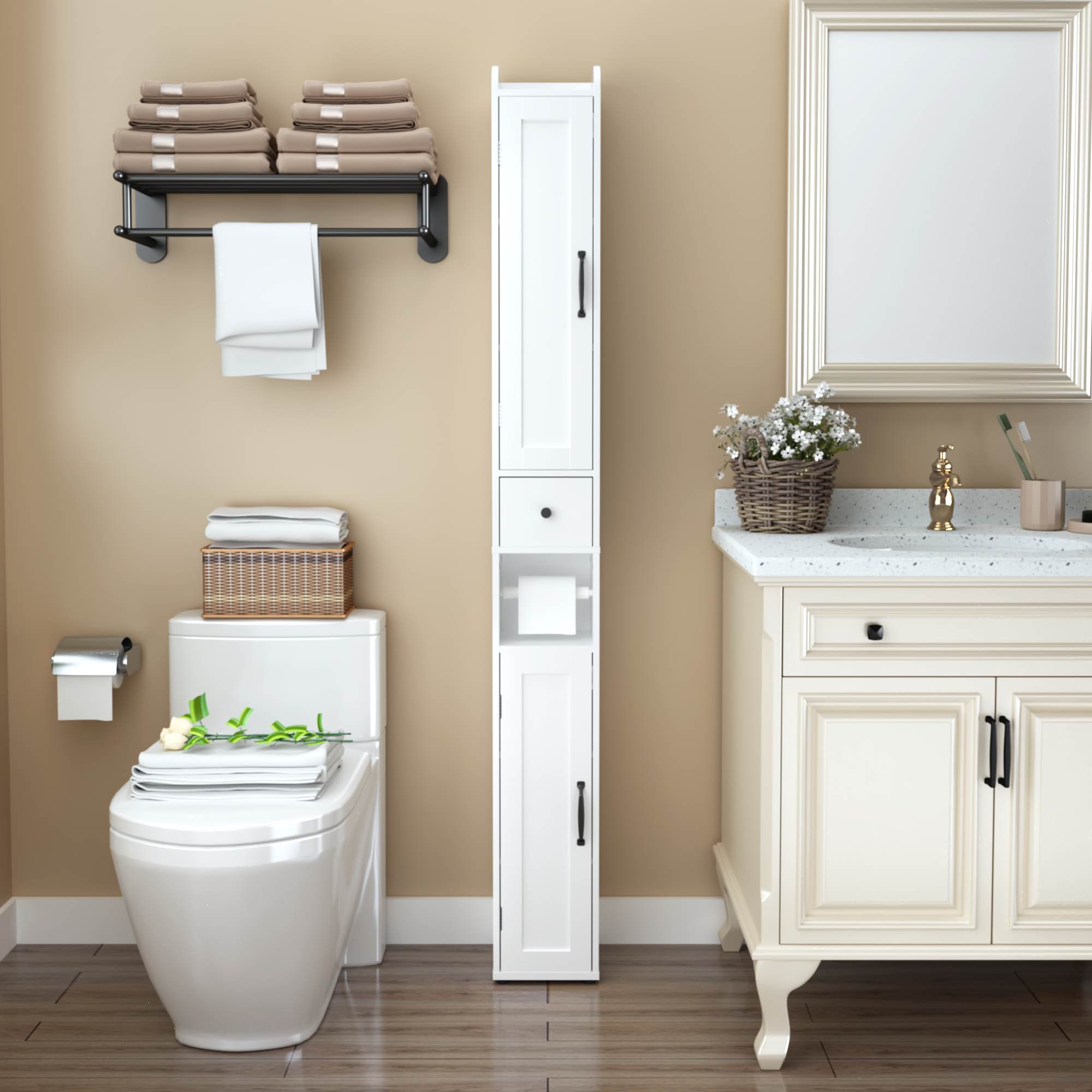 White Slim Tall Bathroom Storage Cabinet with Adjustable Shelves, 2 Doors Freestanding Cabinet for Small Spaces, Kitchen, Living Room, MDF Material, 67.51 inches High