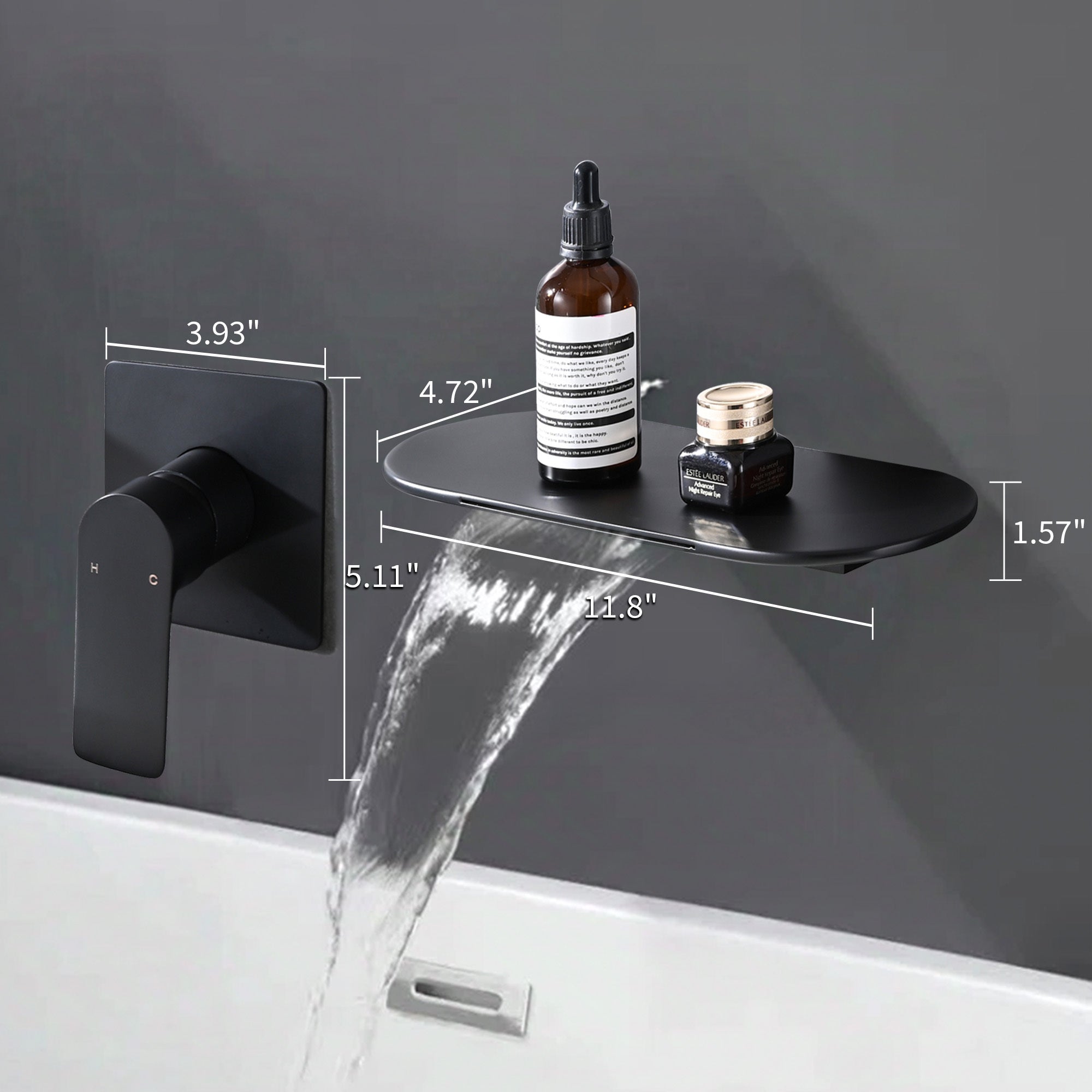 Modern Matte Black Wall Mount Bathroom Sink Faucet with Waterfall Spout and Brass Rough-in Valve