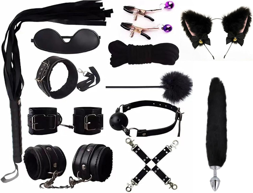 MidnightKink 12PC BDSM Kit Tail Anal Plug Restraints Set