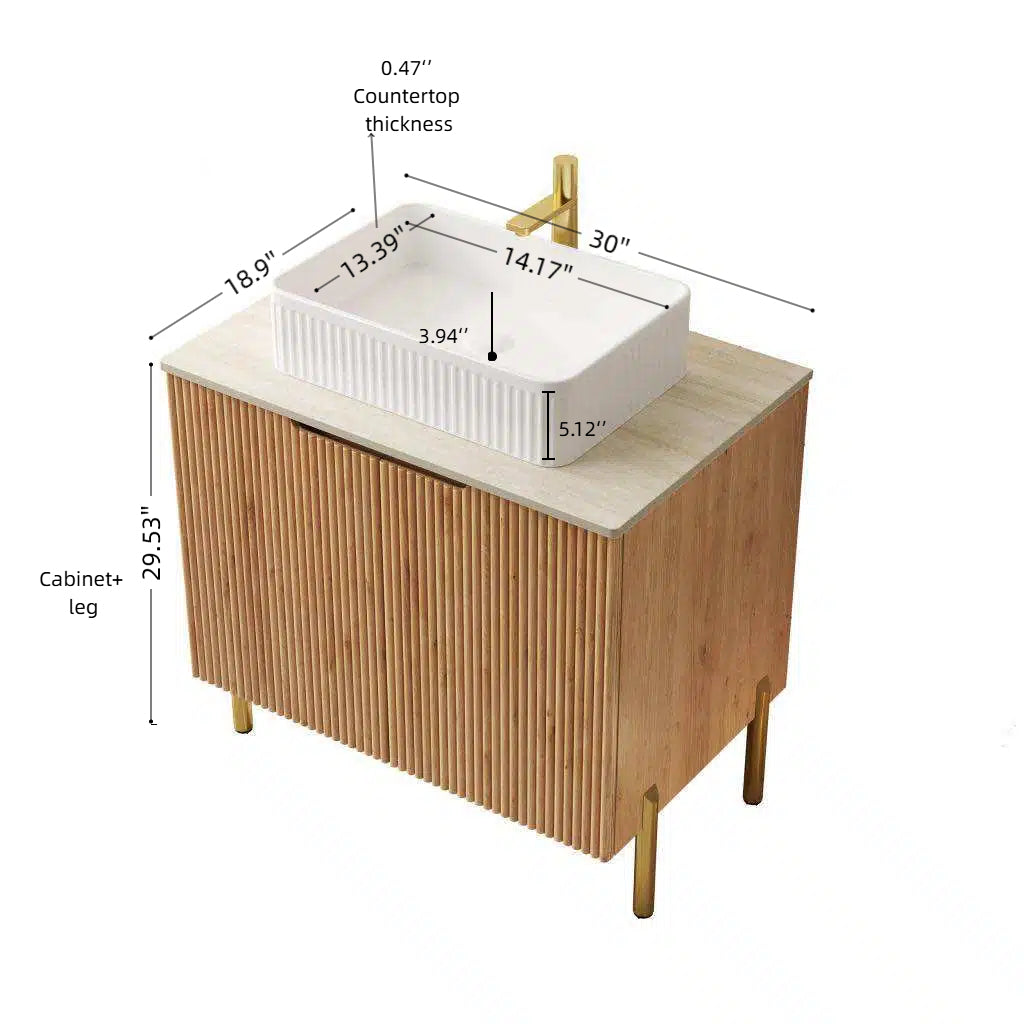 30" Freestanding Bathroom Vanity with Sink – Plywood Cabinet, Roma Travertine Sintered Stone Countertop & Ceramic Basin, Woodgrain
