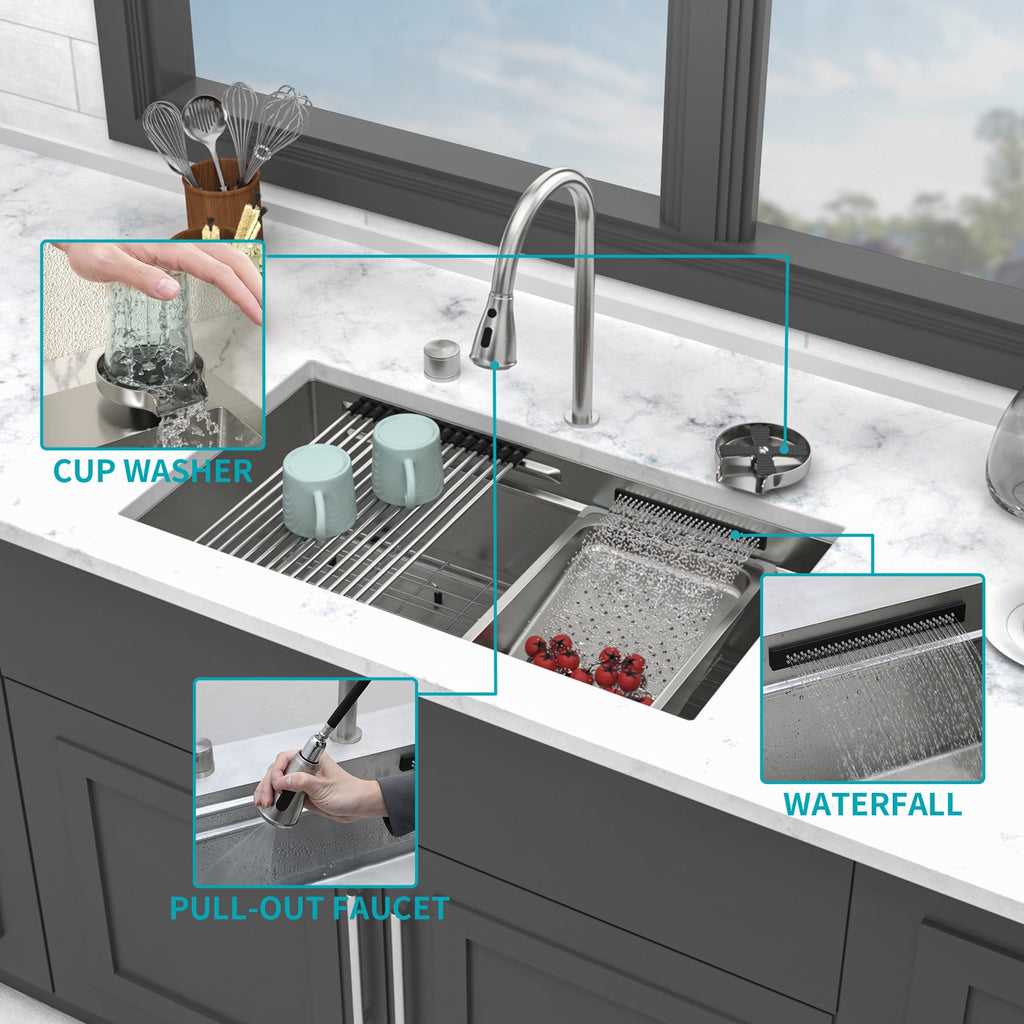 33" Undermount Waterfall Kitchen Sink – Brushed Nickel | 16G T304 Stainless Steel | Single Bowl with Pull-Down Faucet & Workstation Ledge