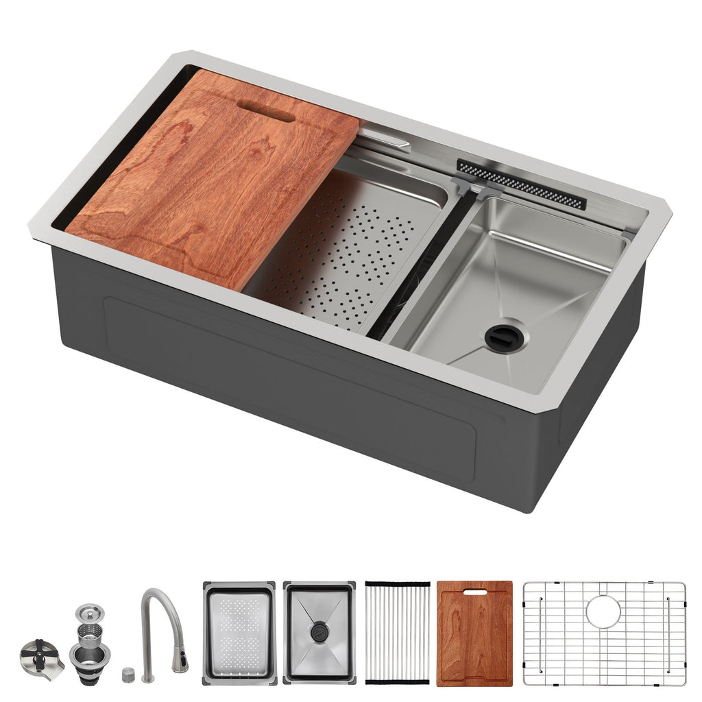 33" Undermount Waterfall Kitchen Sink – Brushed Nickel | 16G T304 Stainless Steel | Single Bowl with Pull-Down Faucet & Workstation Ledge