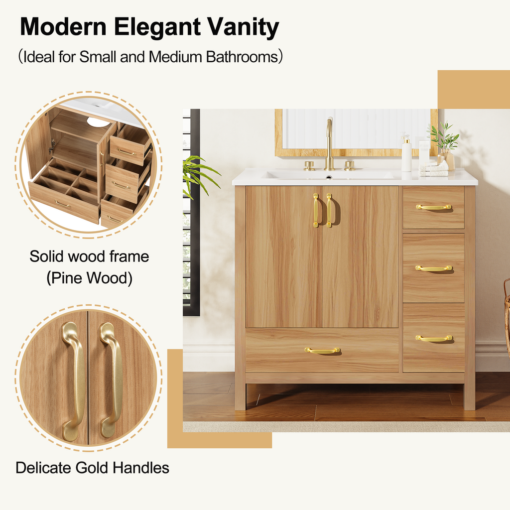 36" Acacia Wood Bathroom Vanity with Sink – Solid Wood Frame, 2 Soft-Close Doors, 4 Soft-Close Drawers & Ceramic Basin