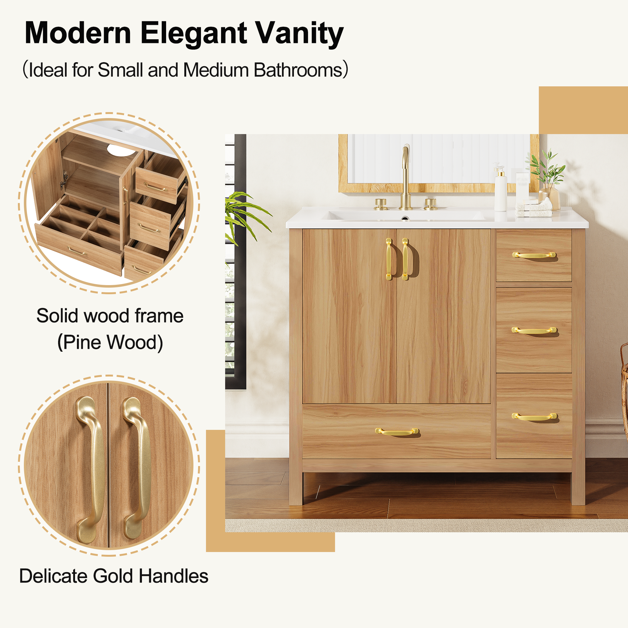 36" Acacia Wood Bathroom Vanity with Sink – Solid Wood Frame, 2 Soft-Close Doors, 4 Soft-Close Drawers & Ceramic Basin