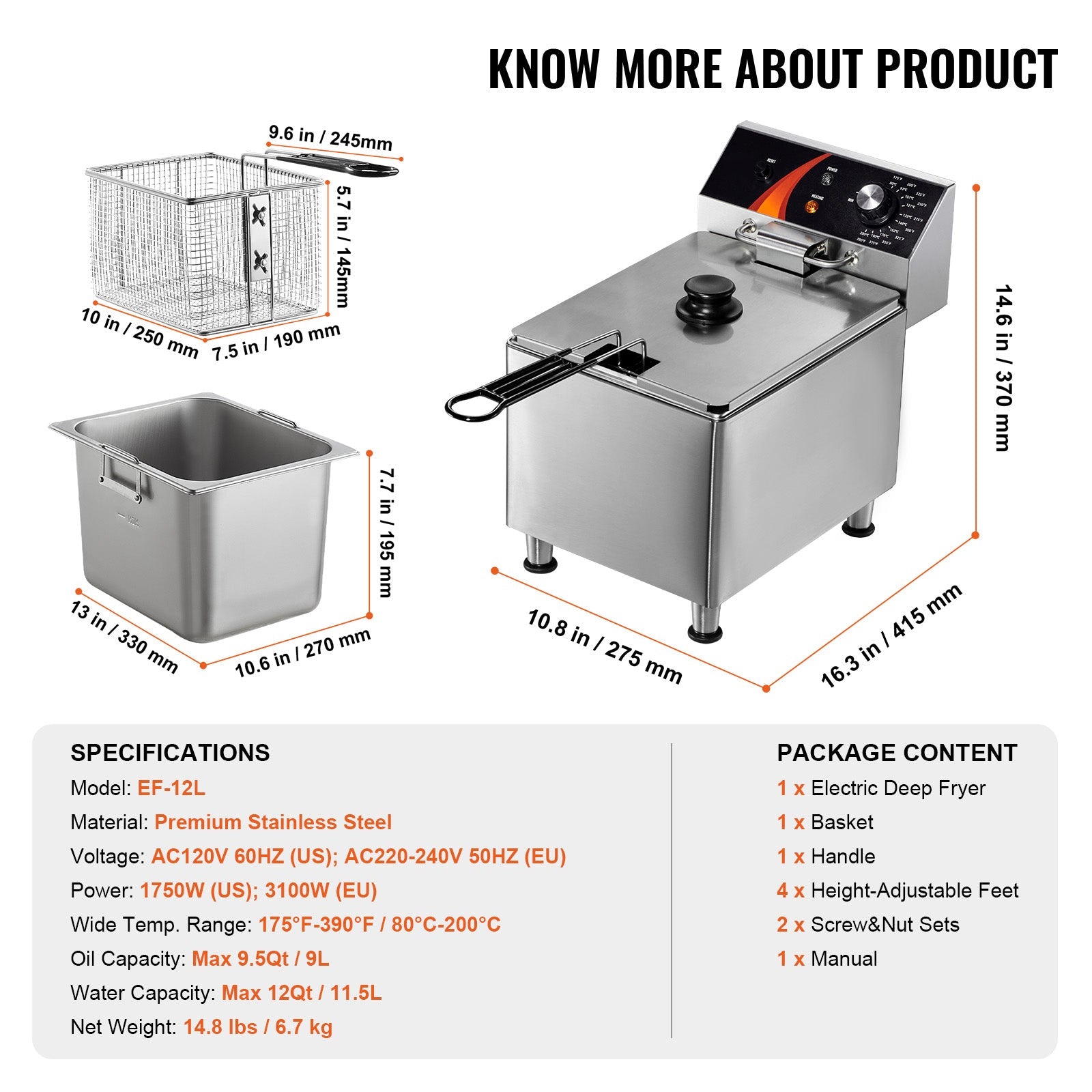 Commercial Electric Deep Fryer – 1750W, 9.5Qt Oil Tank, 12Qt Capacity