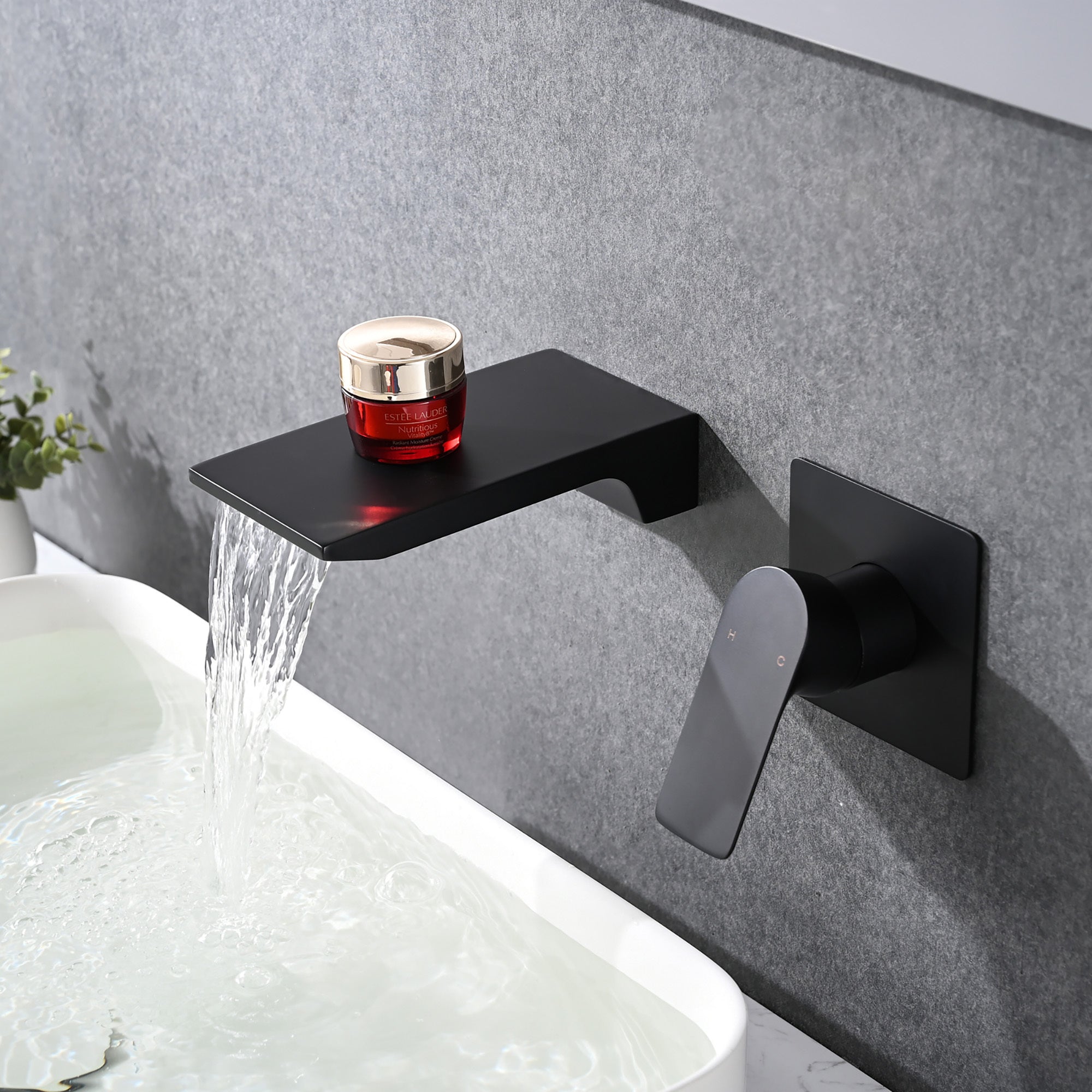 Modern Matte Black Wall Mount Bathroom Sink Faucet with Waterfall Spout and Brass Rough-in Valve
