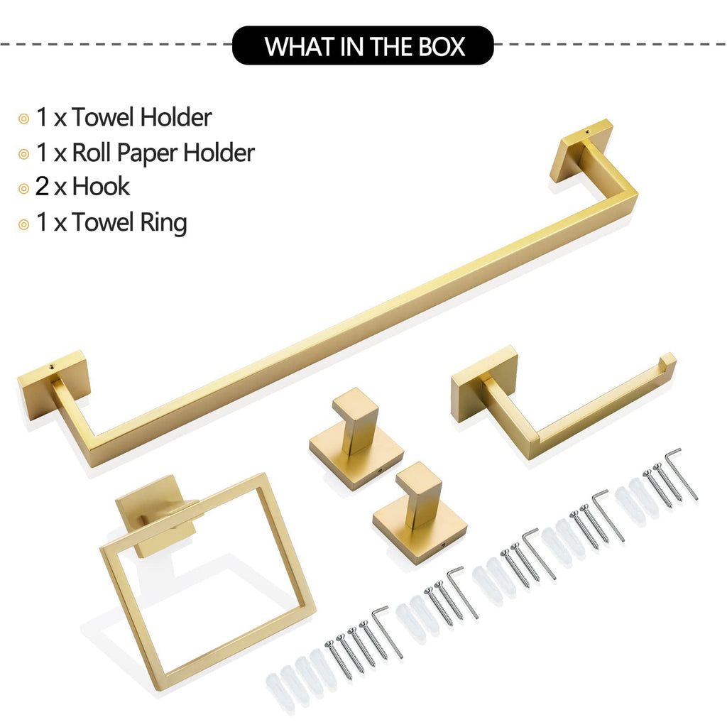 5-Piece Bathroom Hardware Accessories Set | Towel Bar, Wall Mounted, Brushed Gold