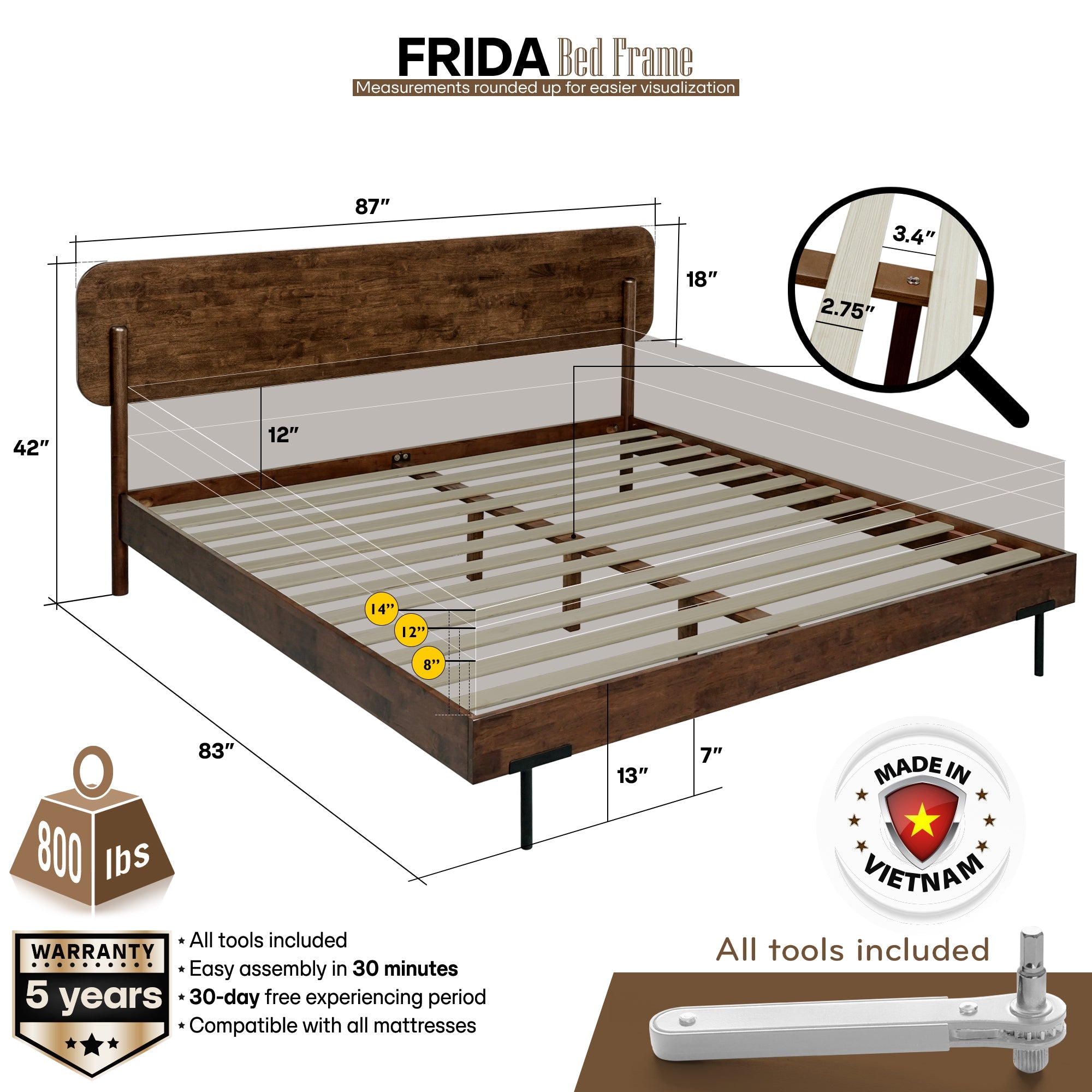 Frida Deluxe Solid Wood Bed Frame