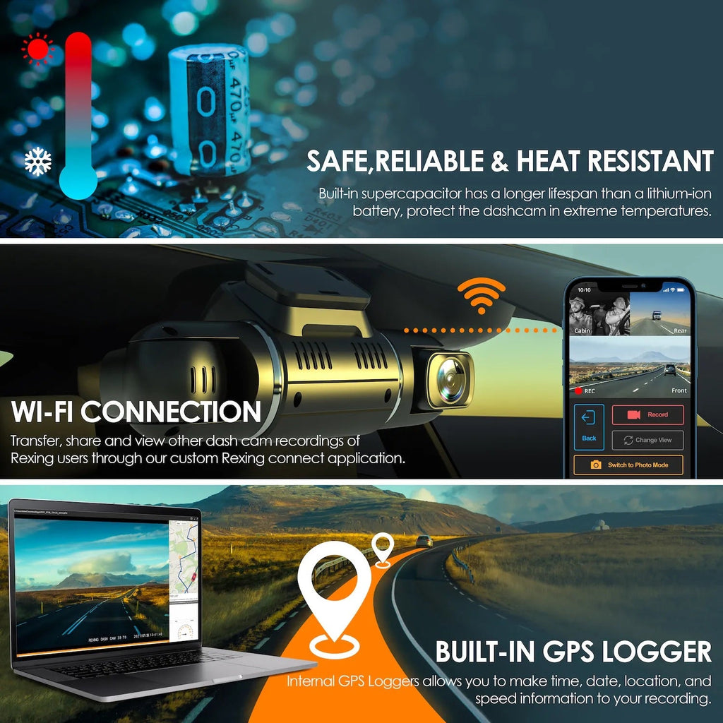 Rexing V2 PRO AI Dash Cam, 3-Channel Front/Cabin/Rear 1080p Recording with Wi-Fi and GPS