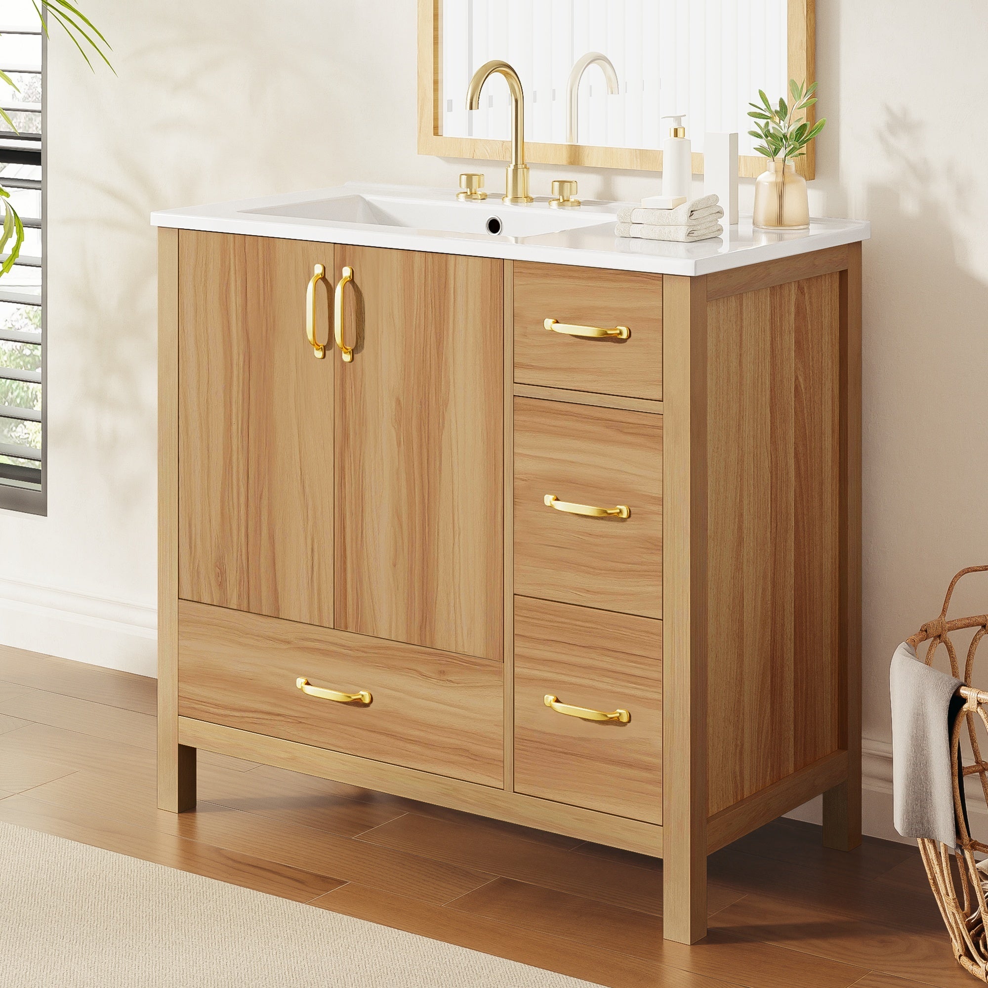 36" Acacia Wood Bathroom Vanity with Sink – Solid Wood Frame, 2 Soft-Close Doors, 4 Soft-Close Drawers & Ceramic Basin