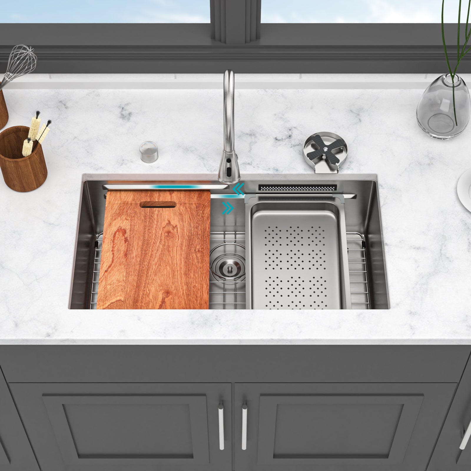 33" Undermount Waterfall Kitchen Sink – Brushed Nickel | 16G T304 Stainless Steel | Single Bowl with Pull-Down Faucet & Workstation Ledge