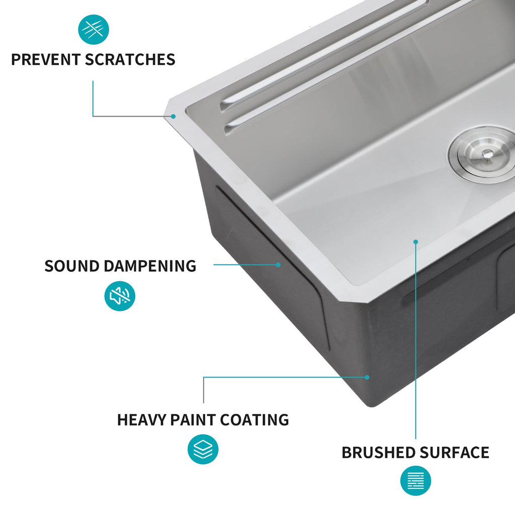 33" Undermount Waterfall Kitchen Sink – Brushed Nickel | 16G T304 Stainless Steel | Single Bowl with Pull-Down Faucet & Workstation Ledge