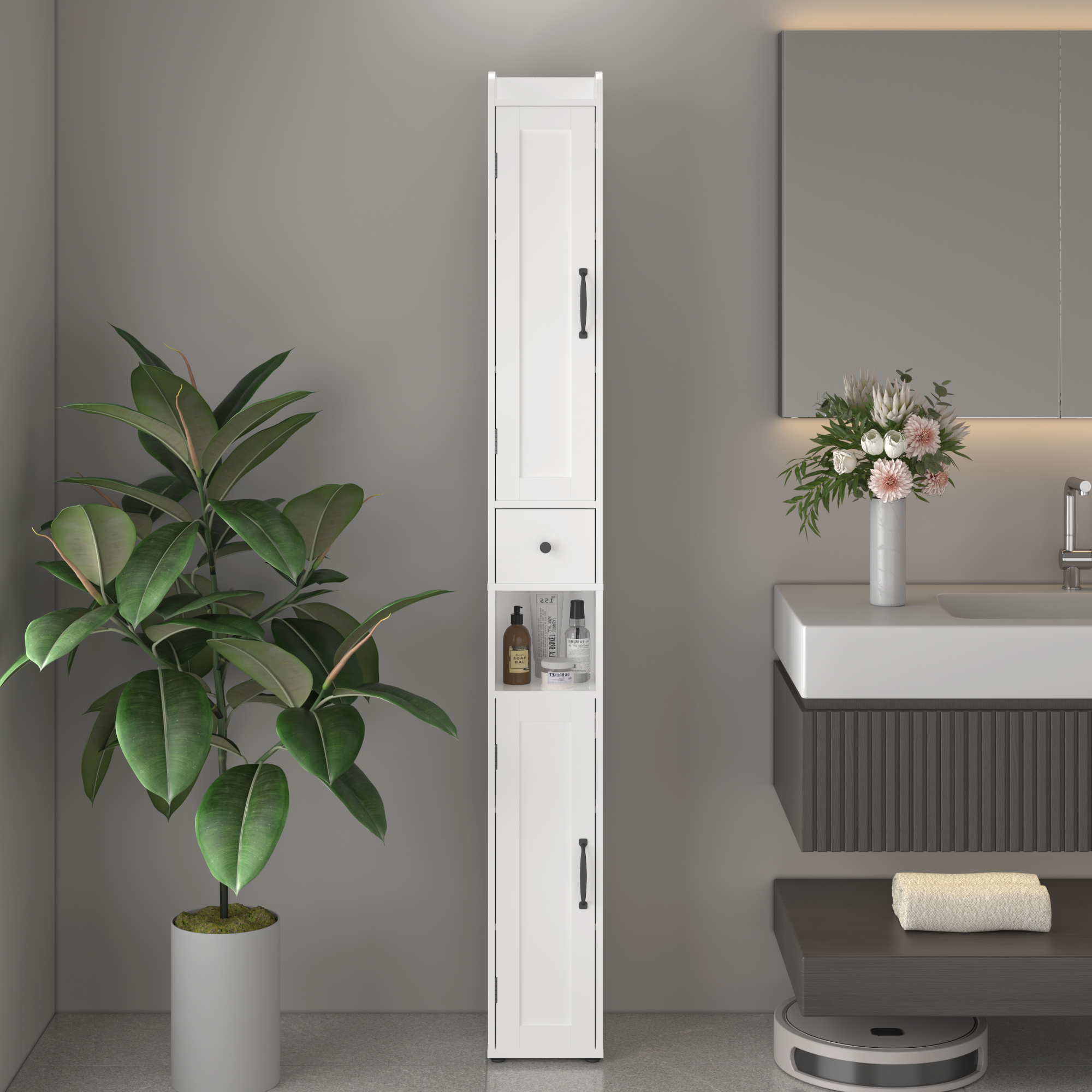 White Slim Tall Bathroom Storage Cabinet with Adjustable Shelves, 2 Doors Freestanding Cabinet for Small Spaces, Kitchen, Living Room, MDF Material, 67.51 inches High