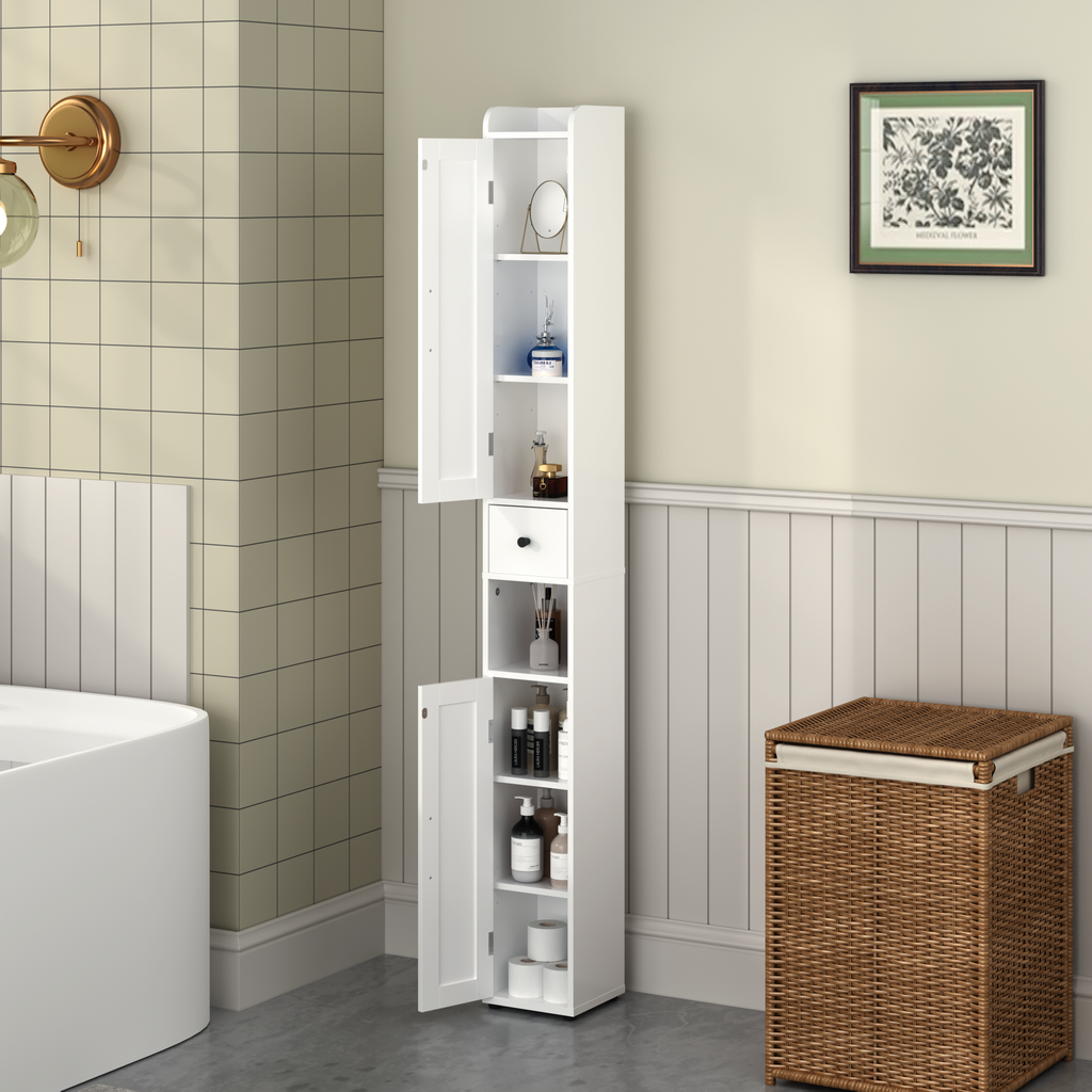 White Slim Tall Bathroom Storage Cabinet with Adjustable Shelves, 2 Doors Freestanding Cabinet for Small Spaces, Kitchen, Living Room, MDF Material, 67.51 inches High