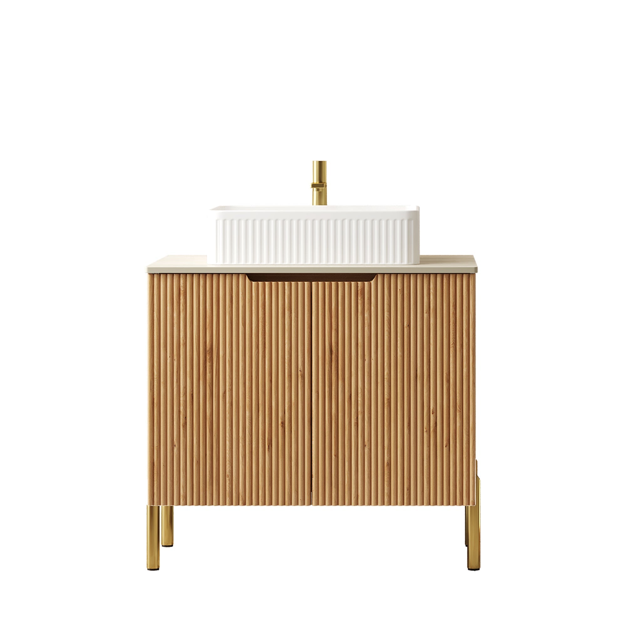 30" Freestanding Bathroom Vanity with Sink – Plywood Cabinet, Roma Travertine Sintered Stone Countertop & Ceramic Basin, Woodgrain