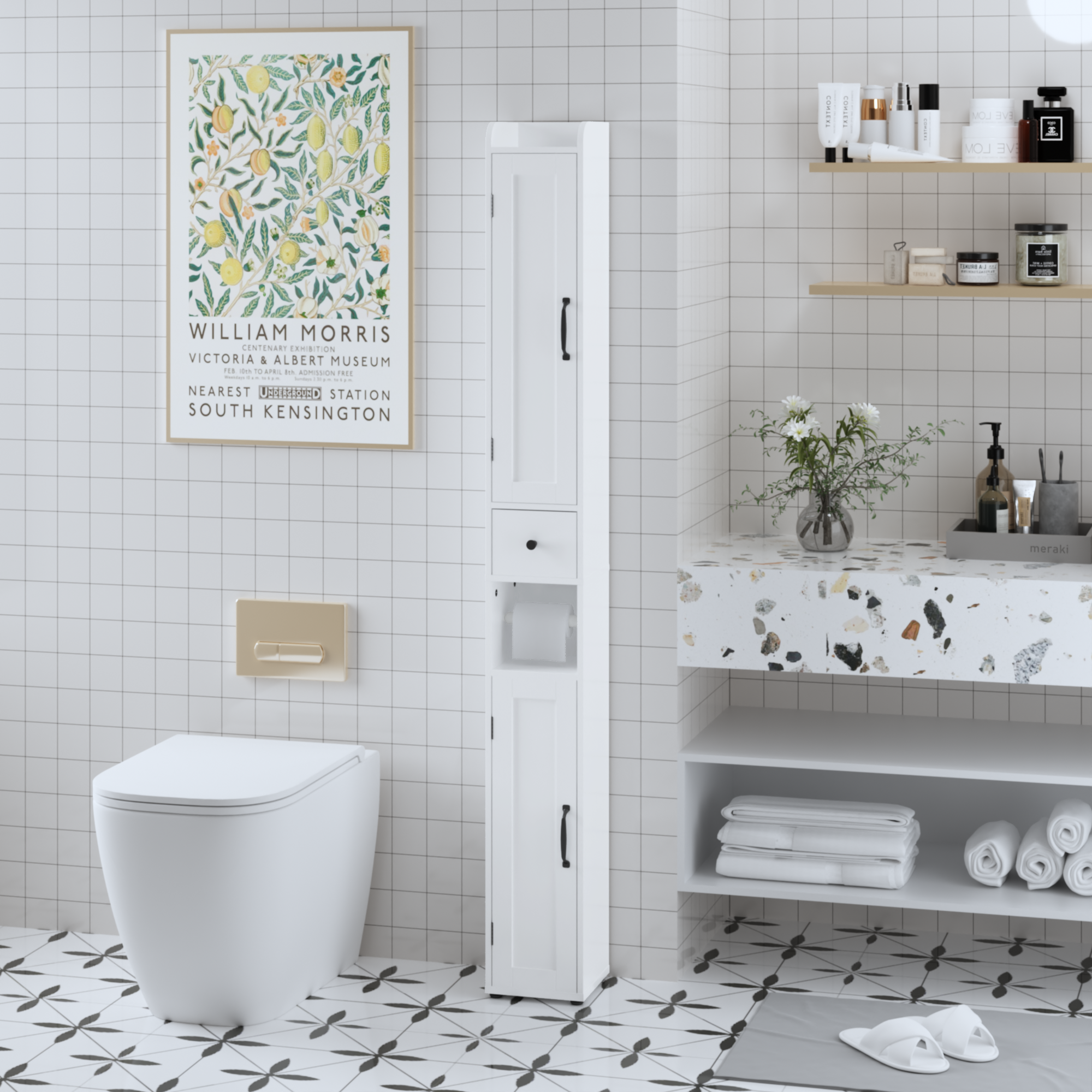 White Slim Tall Bathroom Storage Cabinet with Adjustable Shelves, 2 Doors Freestanding Cabinet for Small Spaces, Kitchen, Living Room, MDF Material, 67.51 inches High