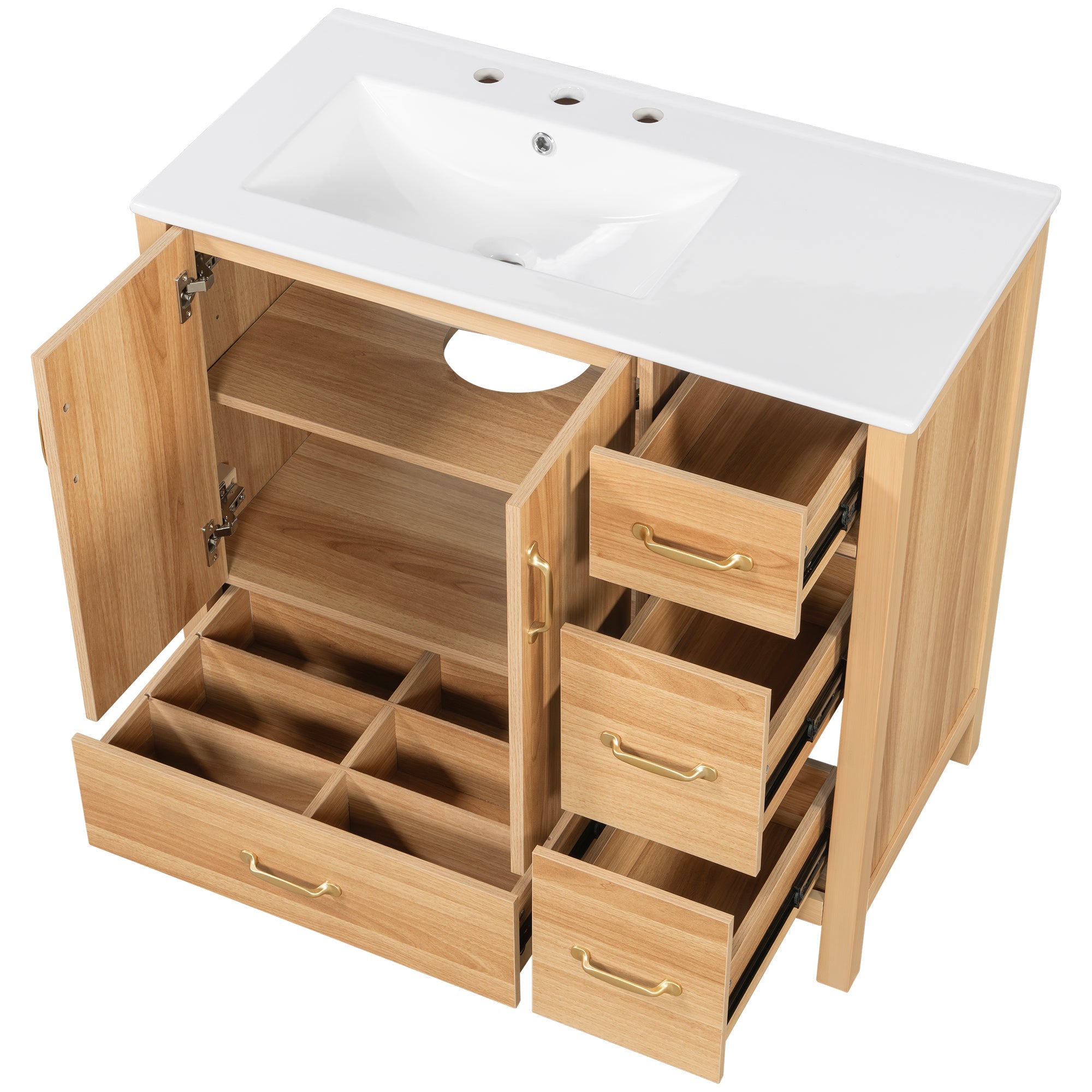 36" Acacia Wood Bathroom Vanity with Sink – Solid Wood Frame, 2 Soft-Close Doors, 4 Soft-Close Drawers & Ceramic Basin