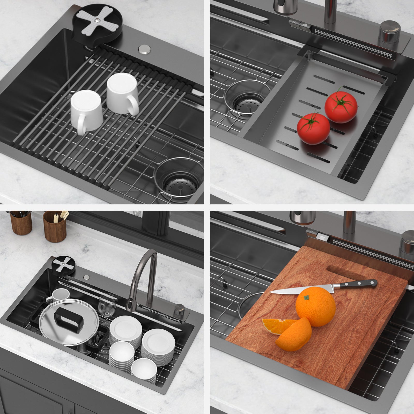 33" Gunmetal Black Kitchen Sink – 16G T304 Stainless Steel | Waterfall Faucet, Workstation Ledge, Top Mount