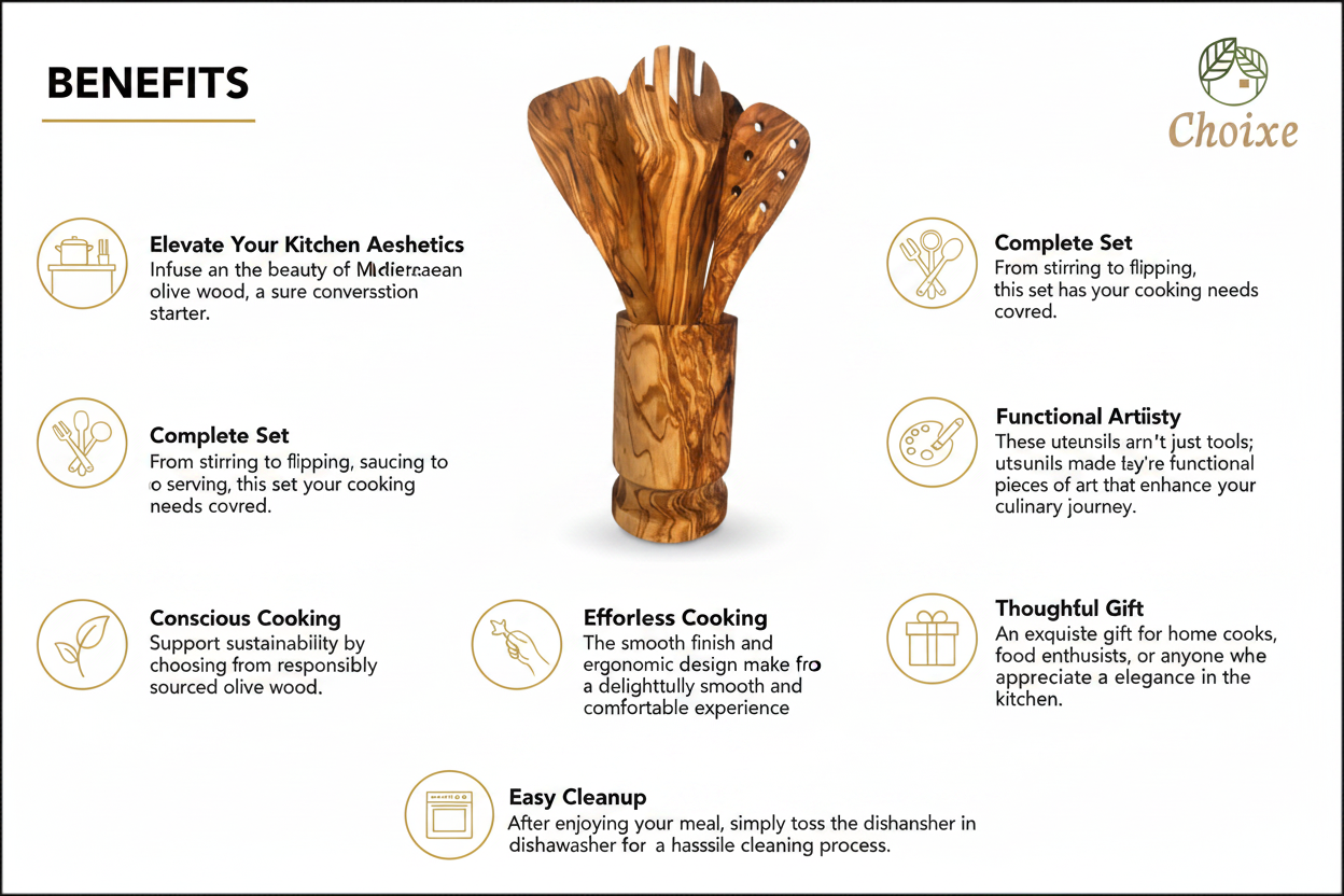 Olive Wood Kitchen Servers Set w/Holder -6 Pcs