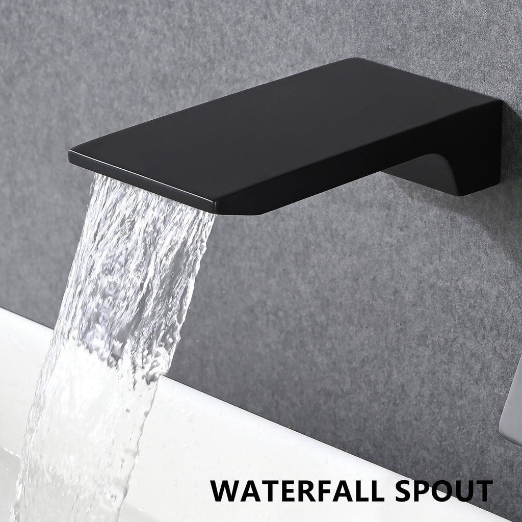 Modern Matte Black Wall Mount Bathroom Sink Faucet with Waterfall Spout and Brass Rough-in Valve