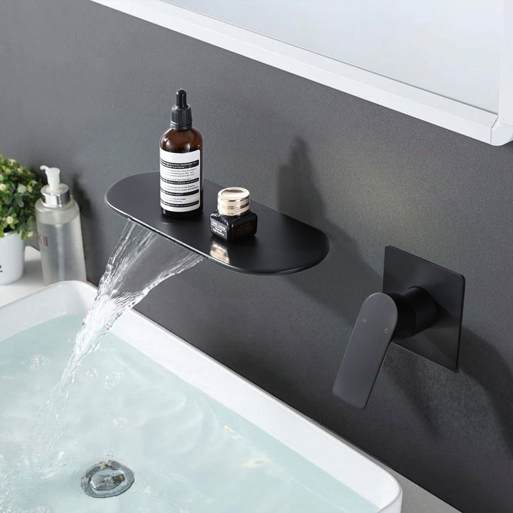 Modern Matte Black Wall Mount Bathroom Sink Faucet with Waterfall Spout and Brass Rough-in Valve