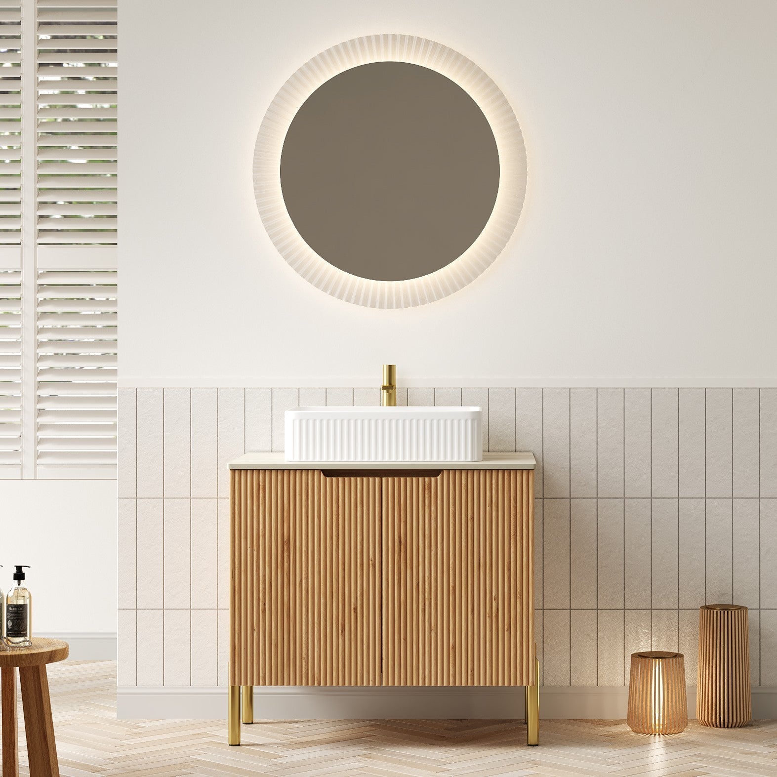 30" Freestanding Bathroom Vanity with Sink – Plywood Cabinet, Roma Travertine Sintered Stone Countertop & Ceramic Basin, Woodgrain