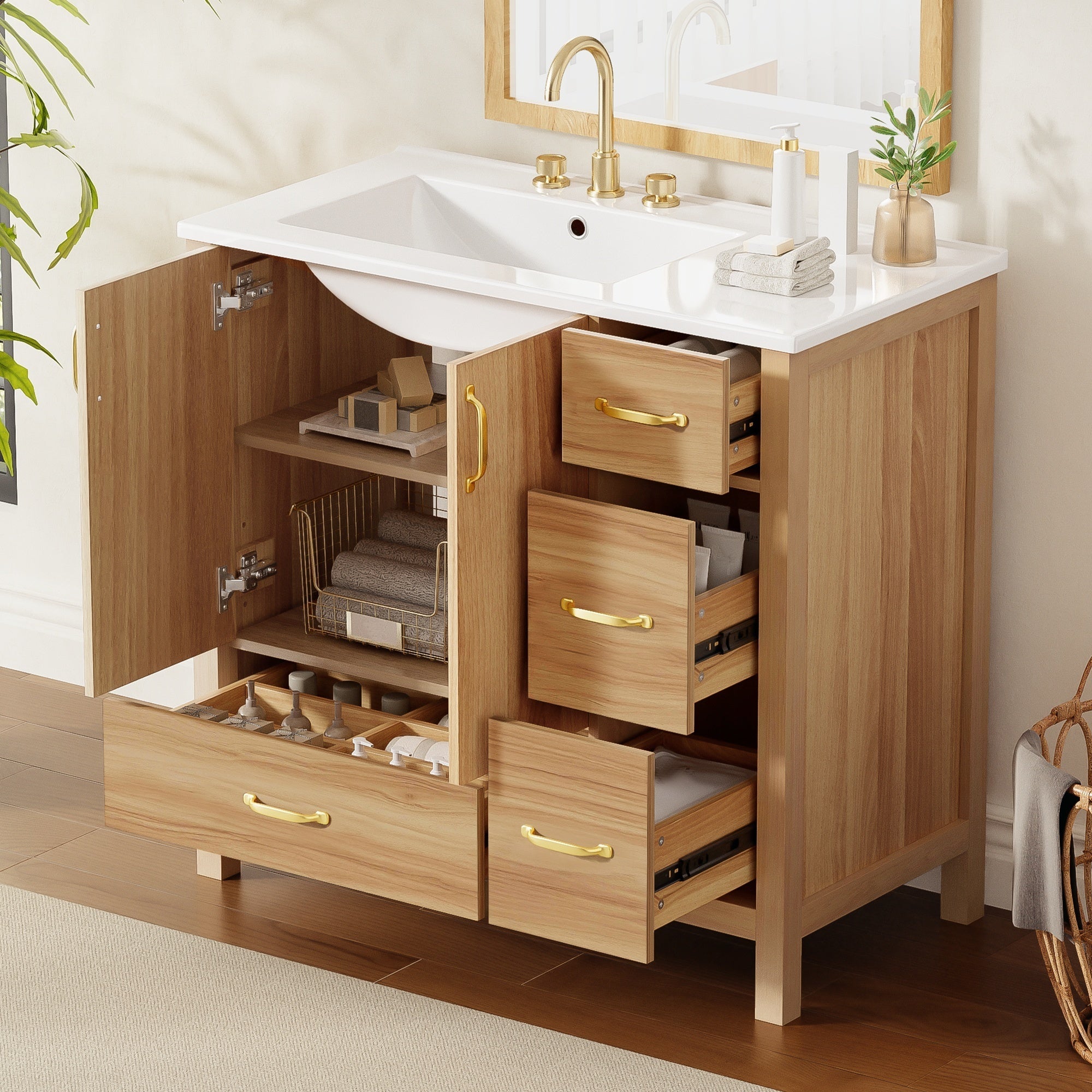 36" Acacia Wood Bathroom Vanity with Sink – Solid Wood Frame, 2 Soft-Close Doors, 4 Soft-Close Drawers & Ceramic Basin