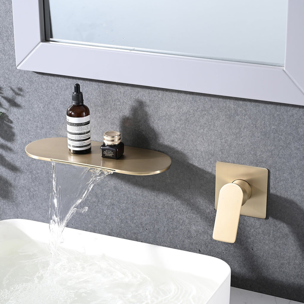 Modern Wall Mount Bathtub Faucet Brushed Gold Single Handle with Waterfall Tub Spout and Rough-in Valve