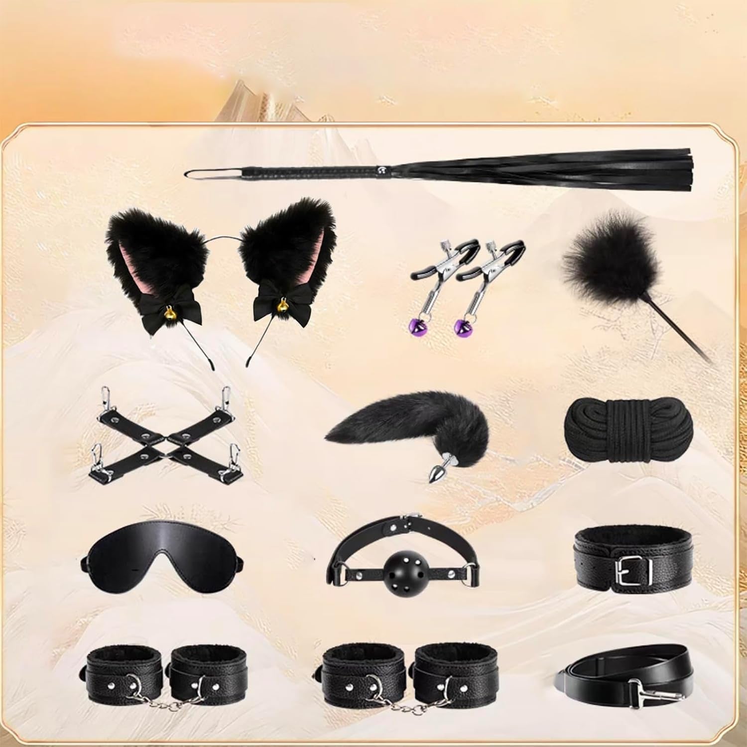 MidnightKink 12PC BDSM Kit Tail Anal Plug Restraints Set